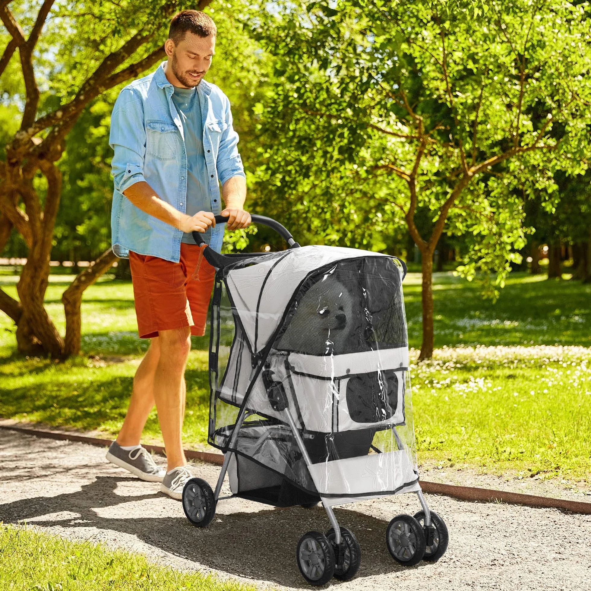 PawHut Poussette Buggy Pliable Animaux Imperméable pour Chien et Chat, Tissu 600D Oxford, Toit Amovible, Gris