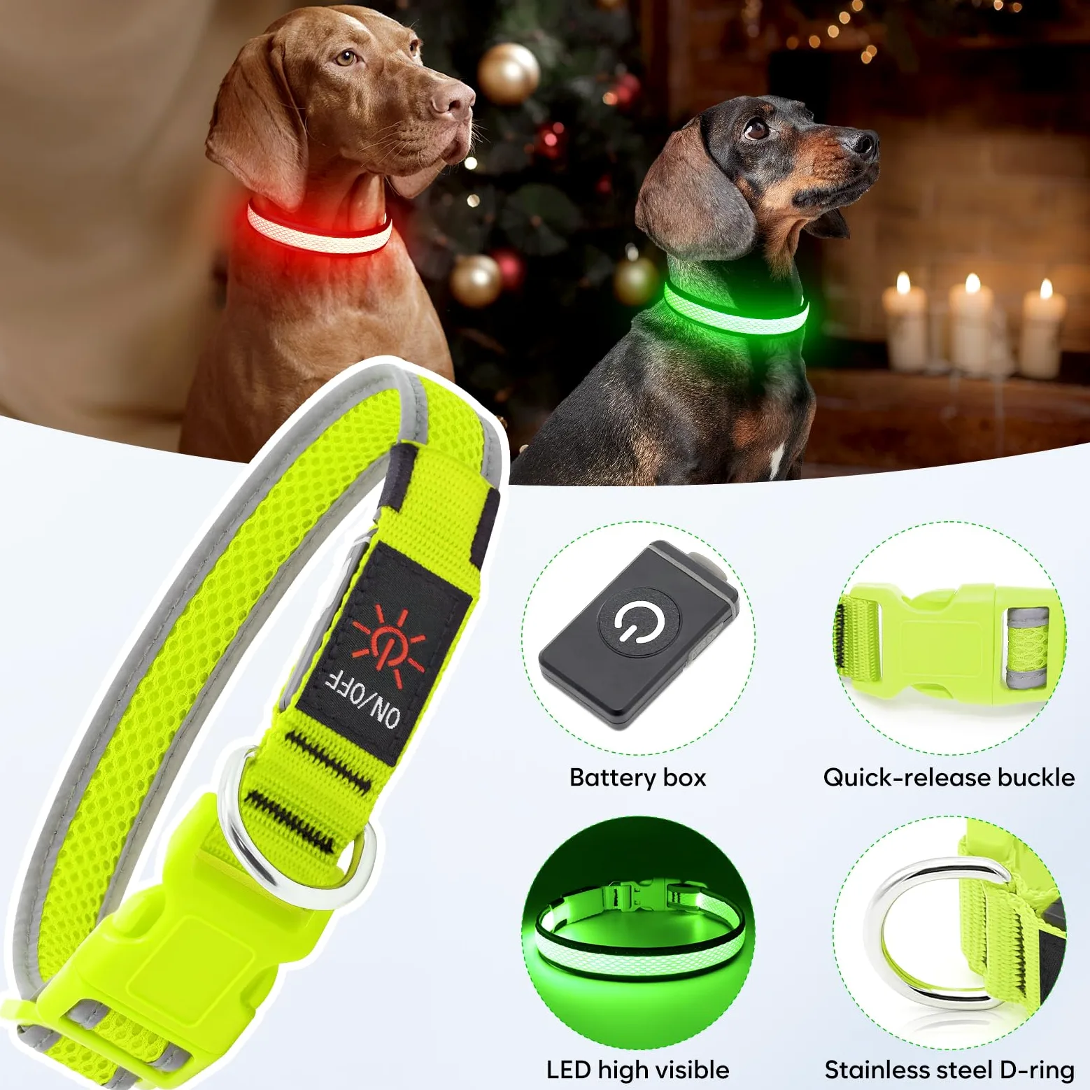 Flashseen Collier lumineux pour chien à LED rechargeable par USB, vert, taille M | Collier lumineux super lumineux pour chien, maille respirante, collier lumineux pour promenade nocturne du chien
