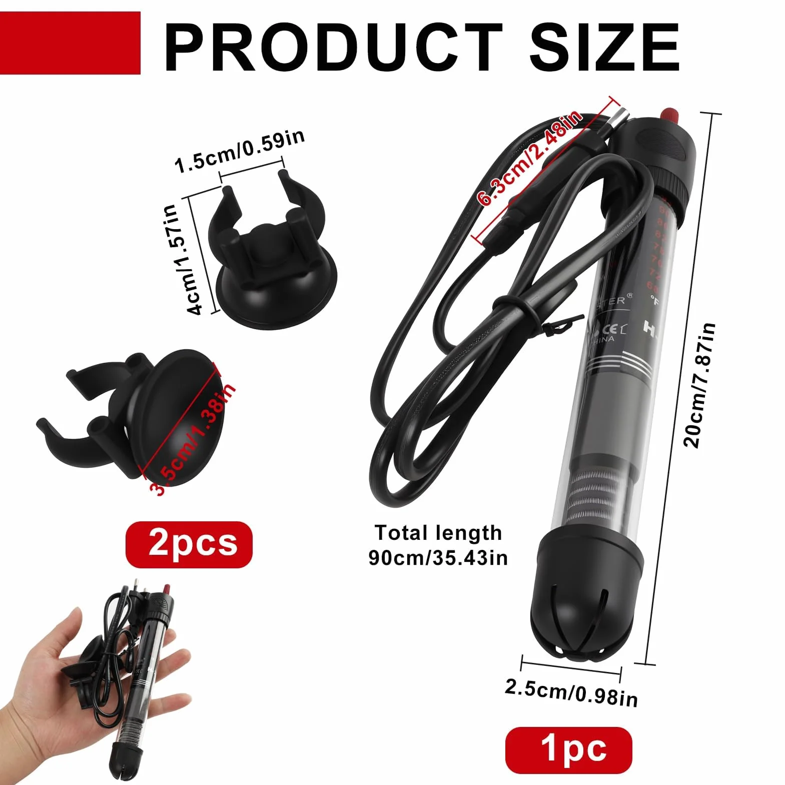 Puissant Chauffage d’Aquarium Submersible 50W avec Thermostat Réglable 20-34℃ pour Poissons et Tortues, Compact et Sécurisé avec Ventouse, Verre de Quartz Résistant pour Réservoirs 10L à 60L