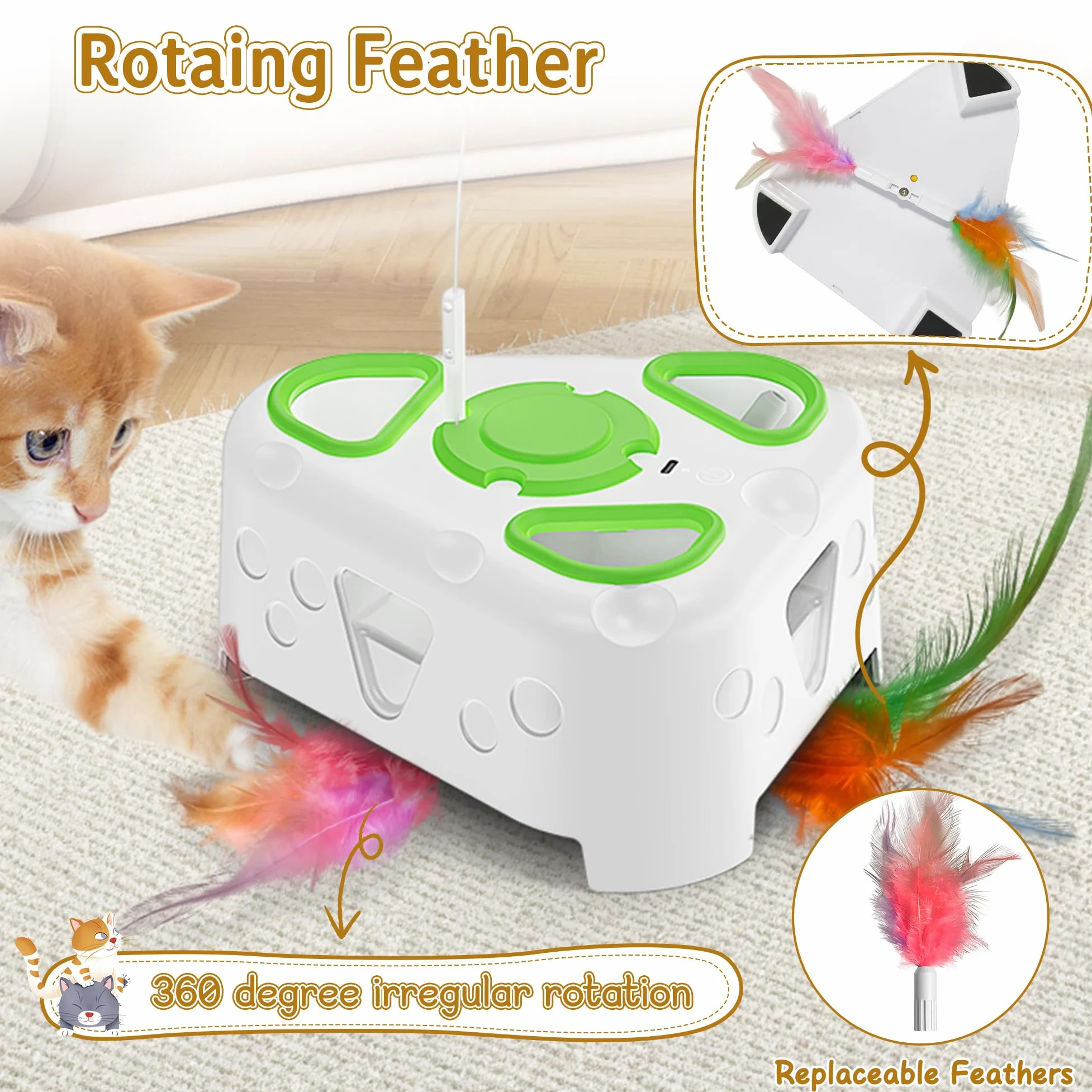 Jouet interactif 3 en 1 pour chat d'intérieur, jouet automatique pour chaton, oiseau volant, taupe à 6 trous, plume rotative, jouet interactif rechargeable USB pour chats d'intérieur ennuyés