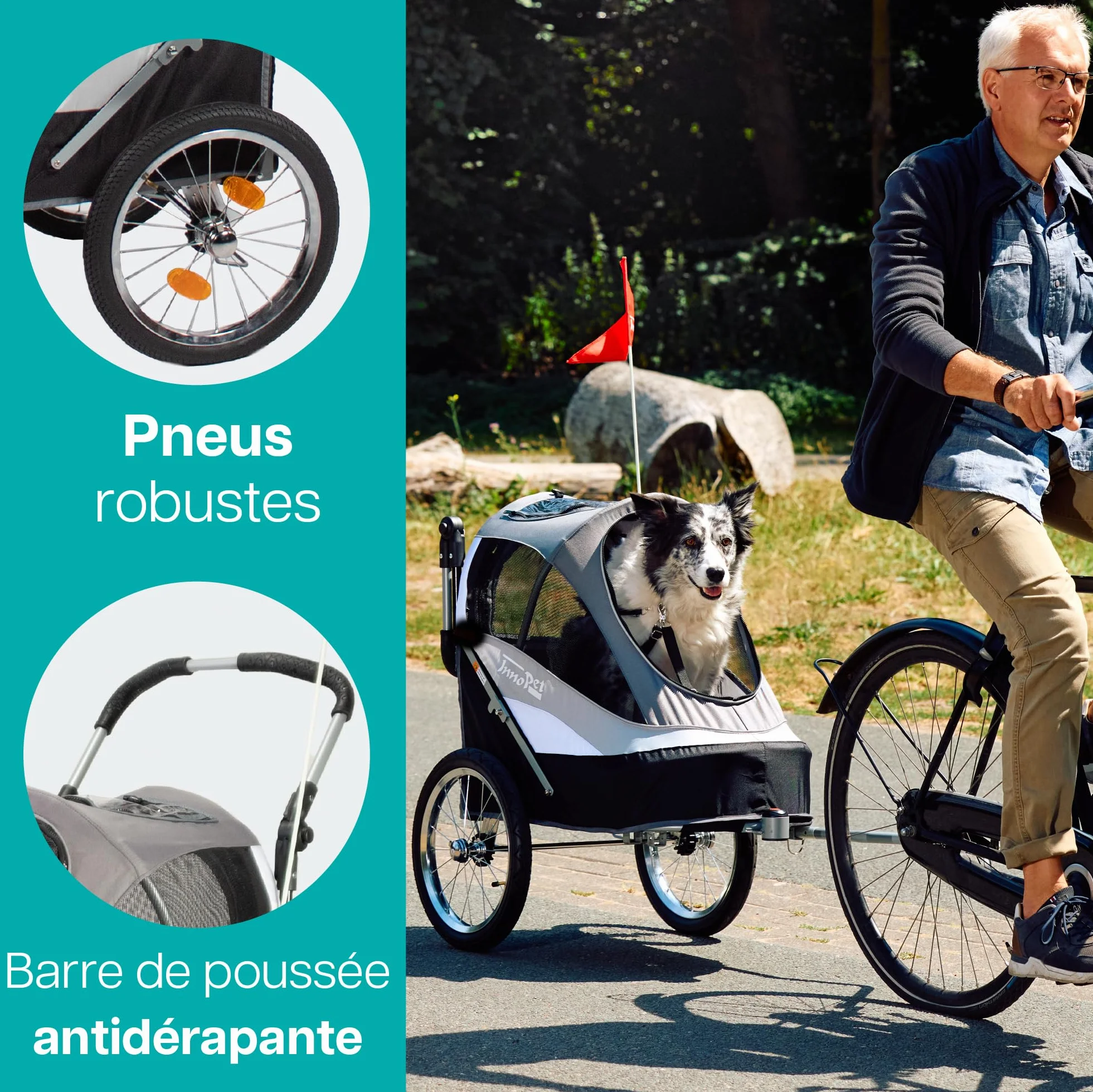 Innopet Sporty Dog Trailer Deluxe Noir/Argent - Poussette pour chien et remorque pour vélo 2 en 1, capacité 30 kg