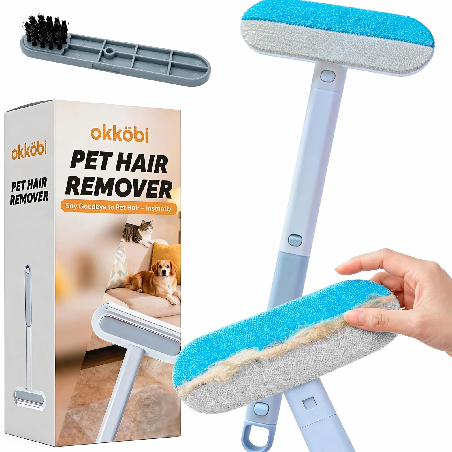 Ramasse-Poils Réutilisable pour Canapé, Tapis & Textiles, Brosse à Poils Animaux, Manche Amovible