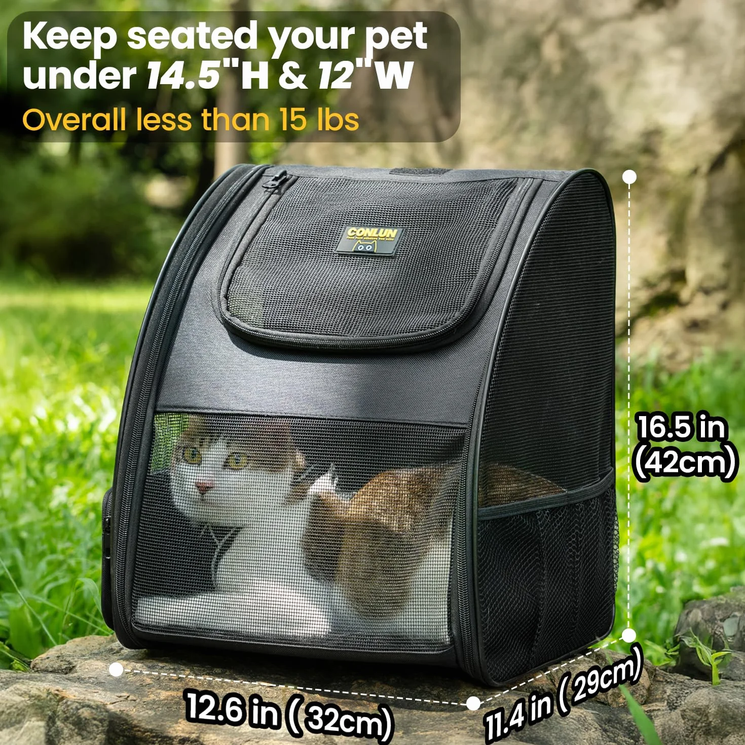 Conlun Sac à Dos Transport Chat Chien jusqu'à 7kg Pliable Fenêtres Maille 3 côtés Voyages Randonnées Noir