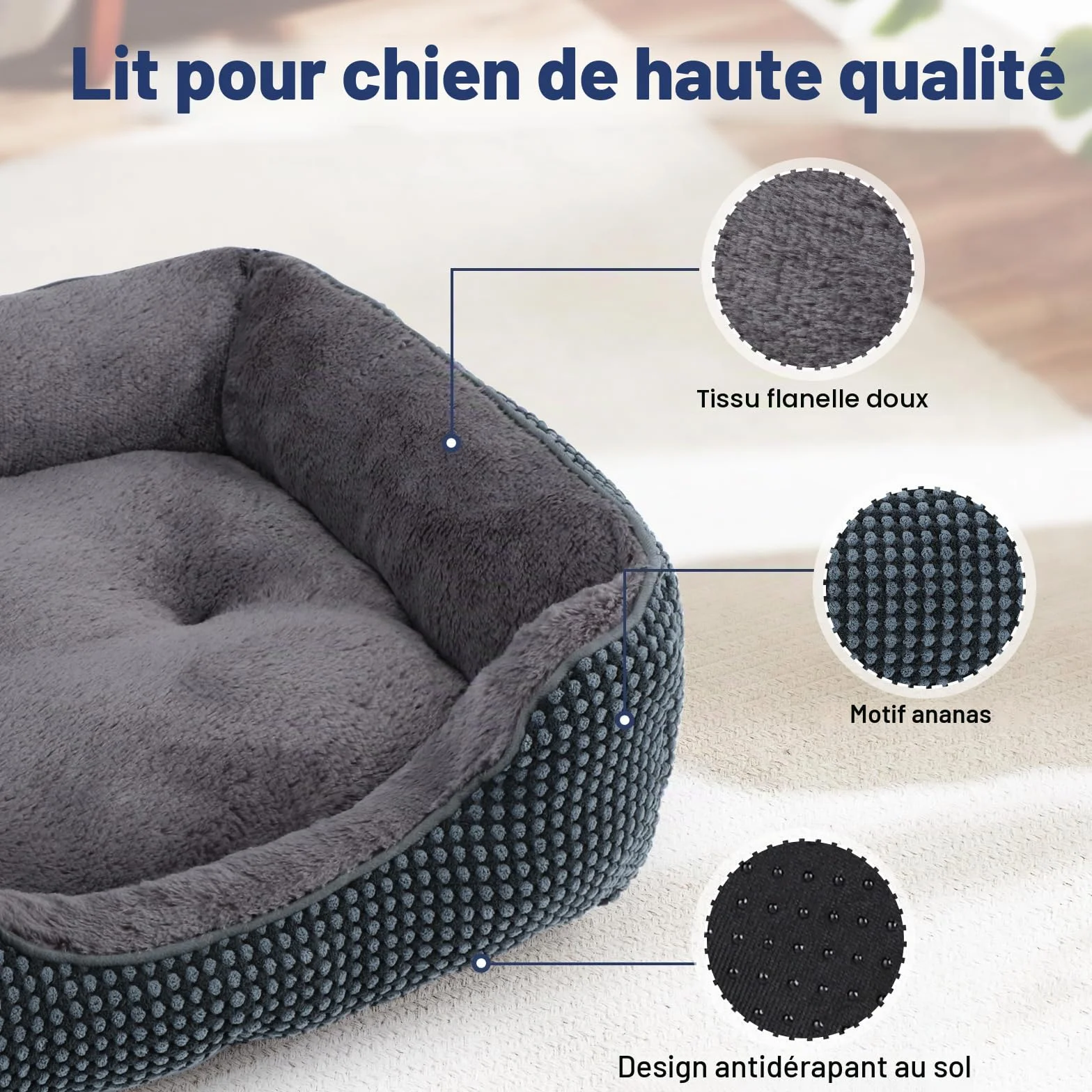 FURTIME Panier pour Chien Moyen, Lit Chien Lavable Duveteux, Antidérapant Coussin Anti-anxiété, 76x61x23cm