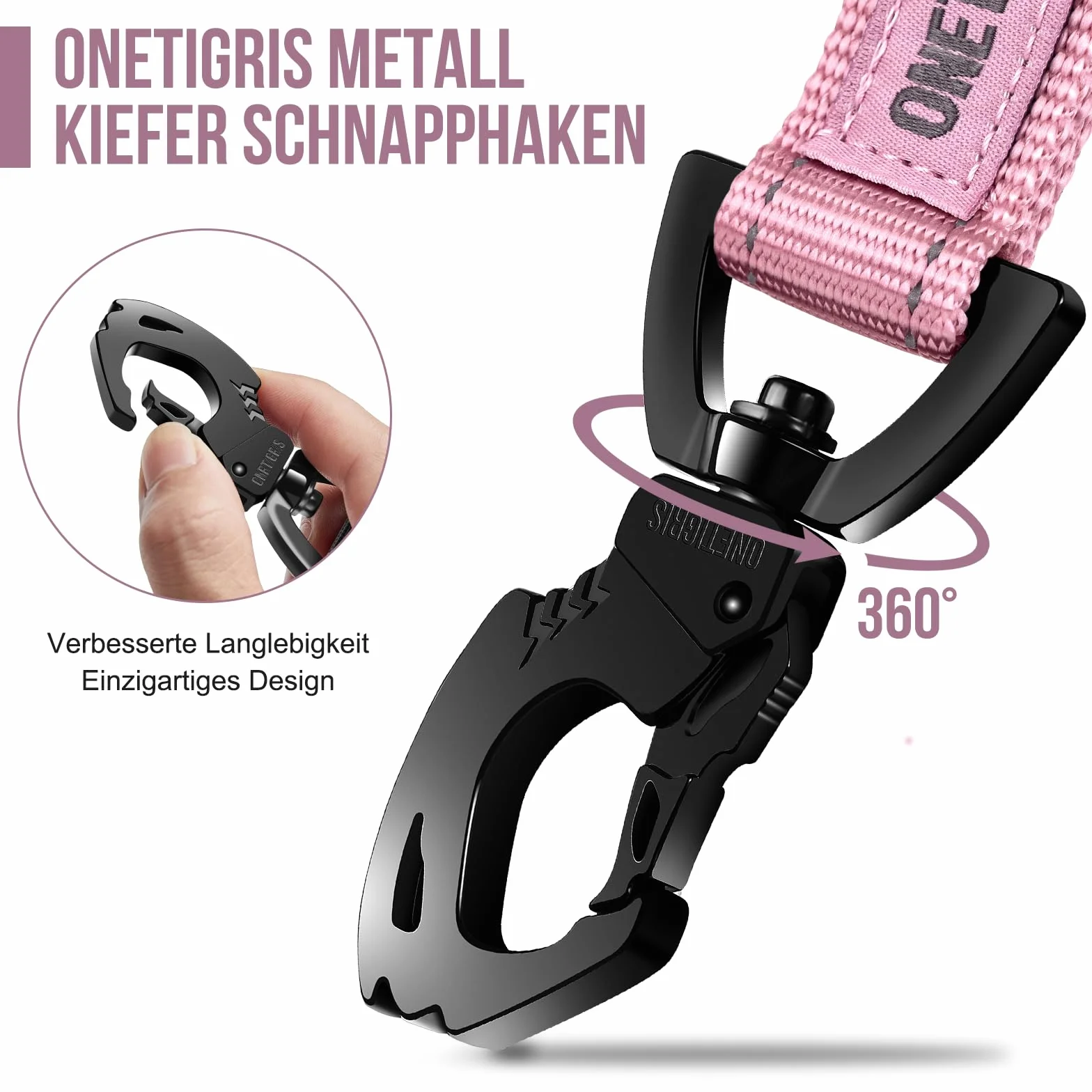 OneTigris Bolt Laisse courte pour chien 30 cm, denture de tigre en métal, rembourrage doux, réfléchissante, nylon, rose