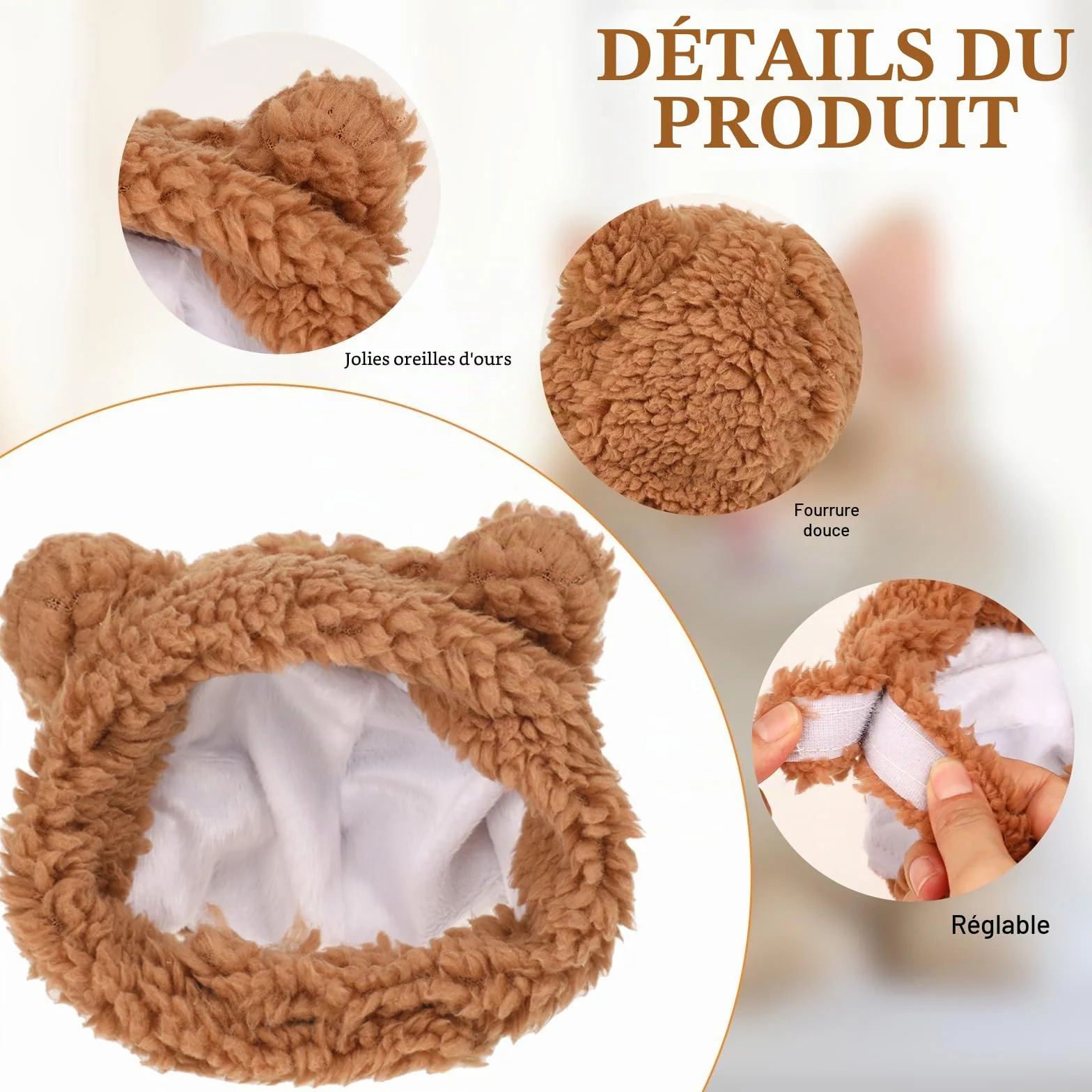 Bonnet d'hiver mignon pour chats chaud doux réglable marron