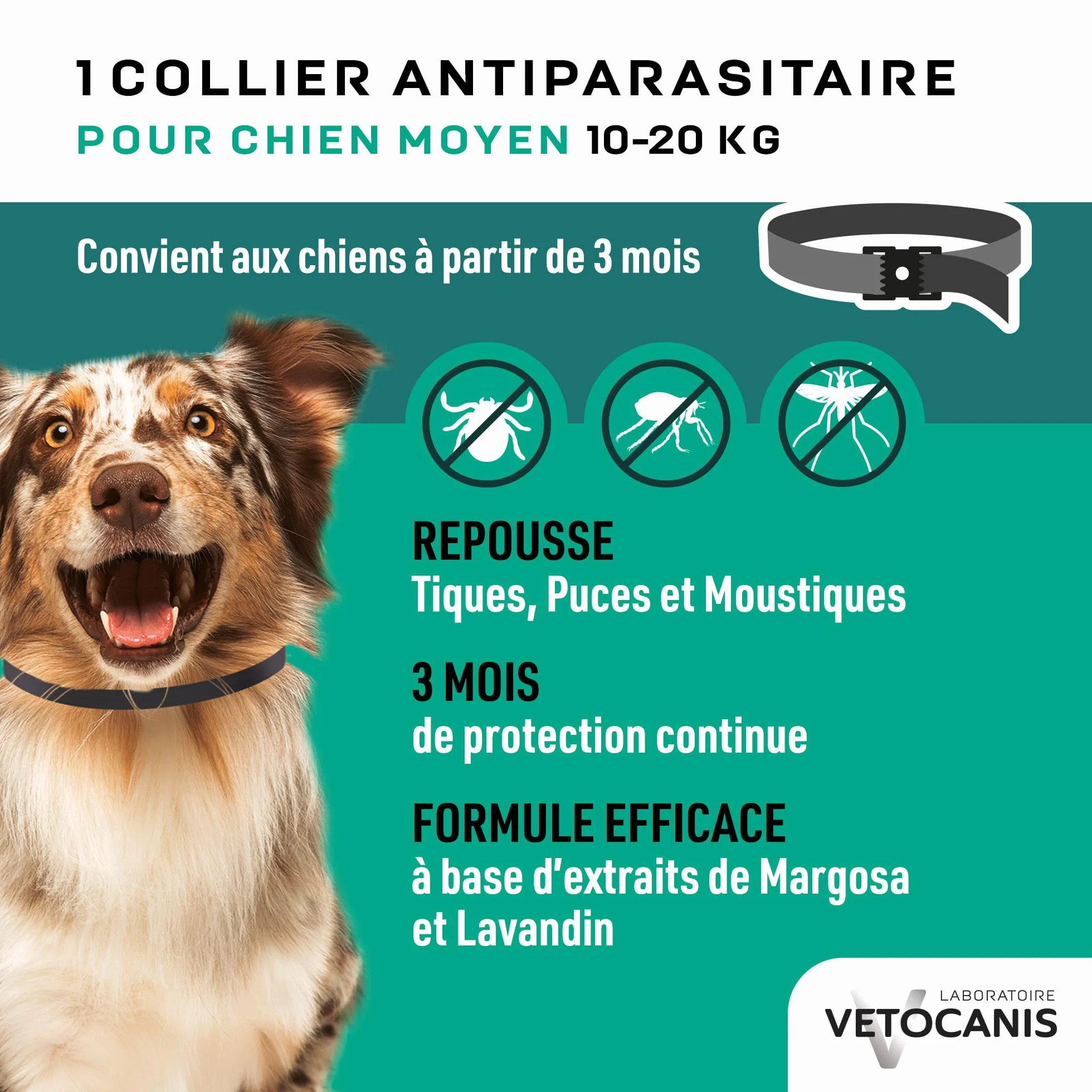 Vetocanis Collier Anti Puces pour Chien, Répulsif Puces Tiques Moustiques, Protection 3 mois, Antiparasitaire 10-20 kg