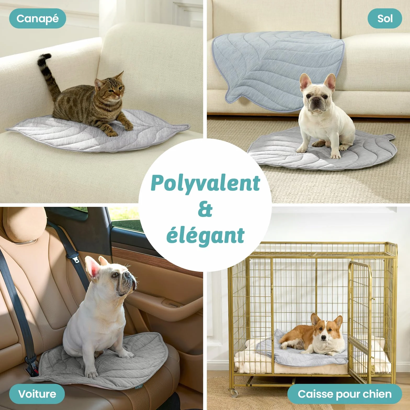 COZY KISS Coussin Rafraîchissant Chiens Chats 99x86cm, Tapis Refroidissement en Tissu sans Gel Q-Max>0.4, Auto-refroidissant, Imperméable Antidérapant Lavable, Forme Feuille, Gris