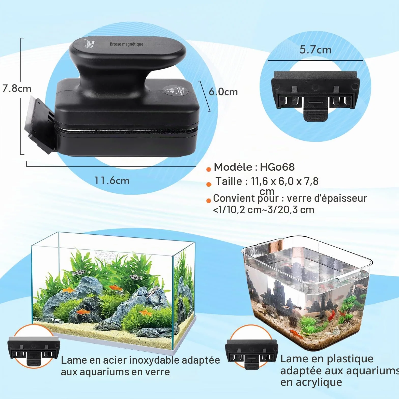 Hygger Brosse Aquarium Nettoyage Vitre, Grattoir Algues Magnétique avec Grattoir Amovible
