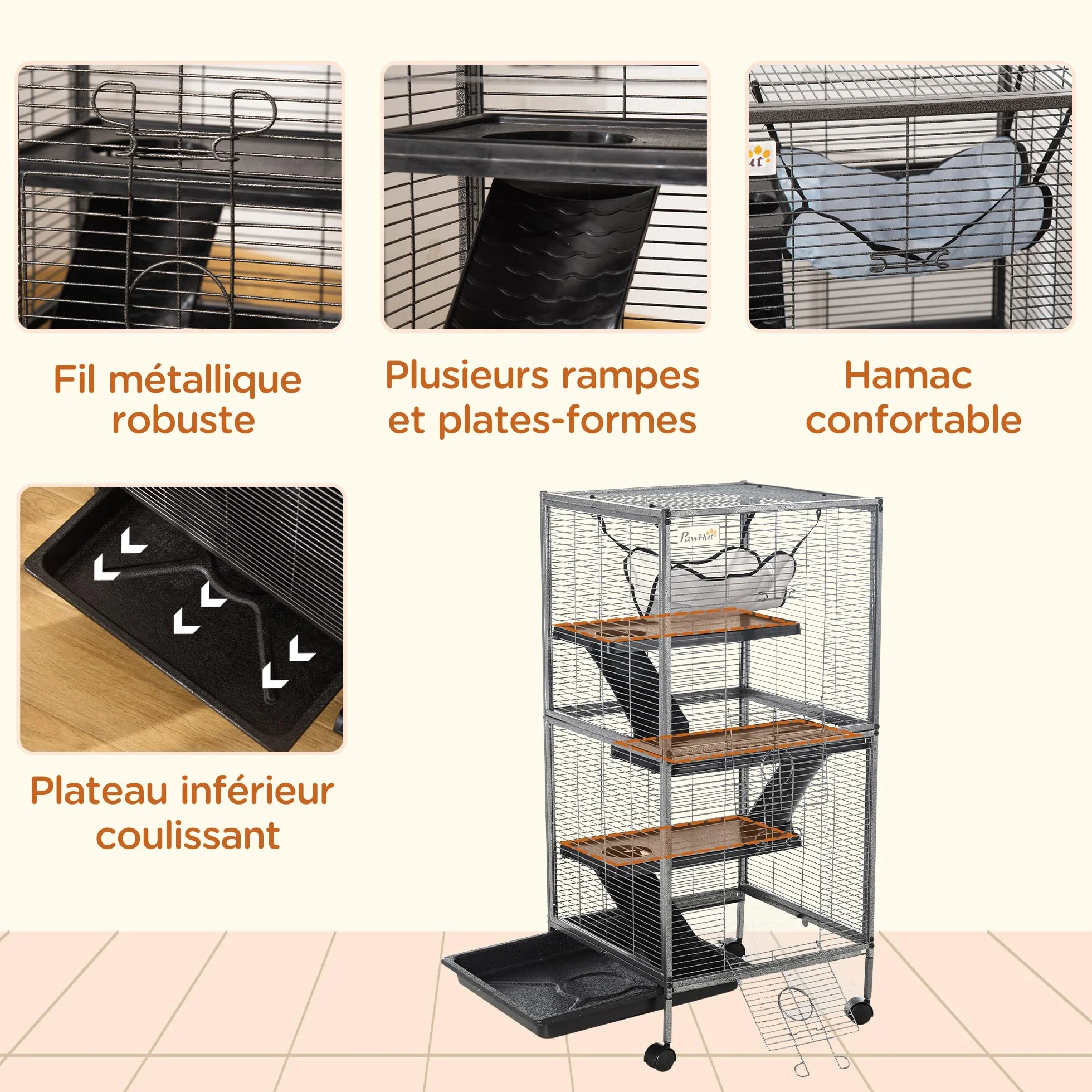 PawHut Cage pour Petits Animaux Portable 4 Niveaux Chinchilla Furet avec Roulettes 52 x 52 x 113,5 cm Gris
