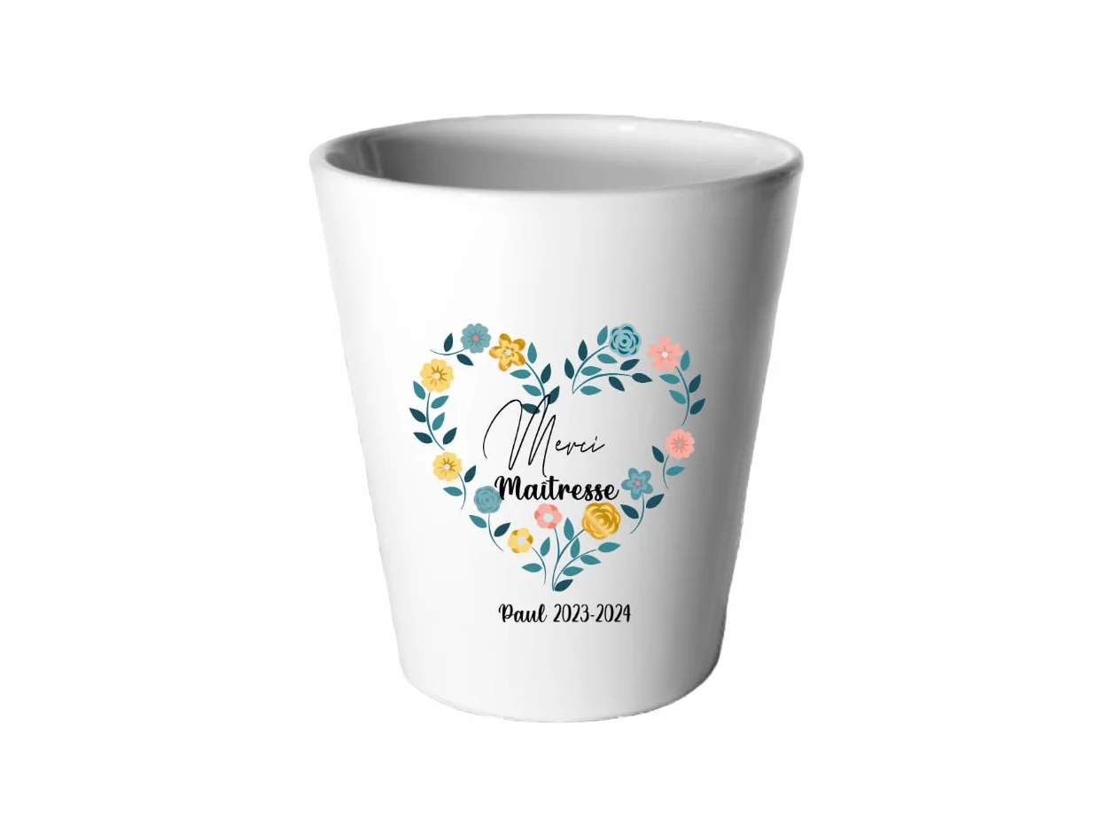 Petit Cache-Pot Merci Maîtresse Céramique 90 mm Couronne de Fleurs Cœur Personnalisé