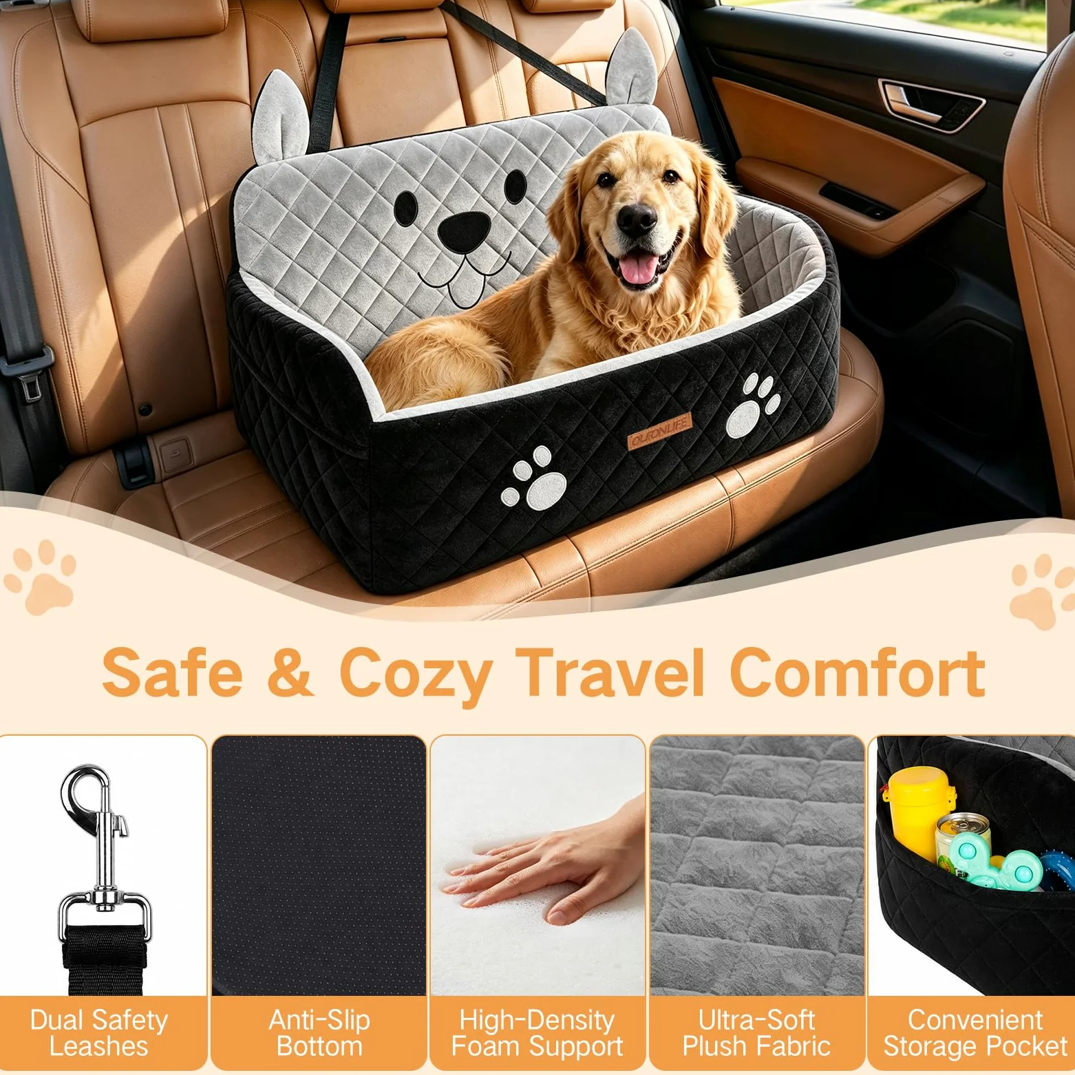 Siège Auto Grand Chien Jusqu’à 25 kg ou 2 Petits Chiens | Mousse Haute Densité, Peluche Ultra-Douce, Housse Amovible Lavable, 2 Sangles de Sécurité et Poches, pour Banquette Arrière