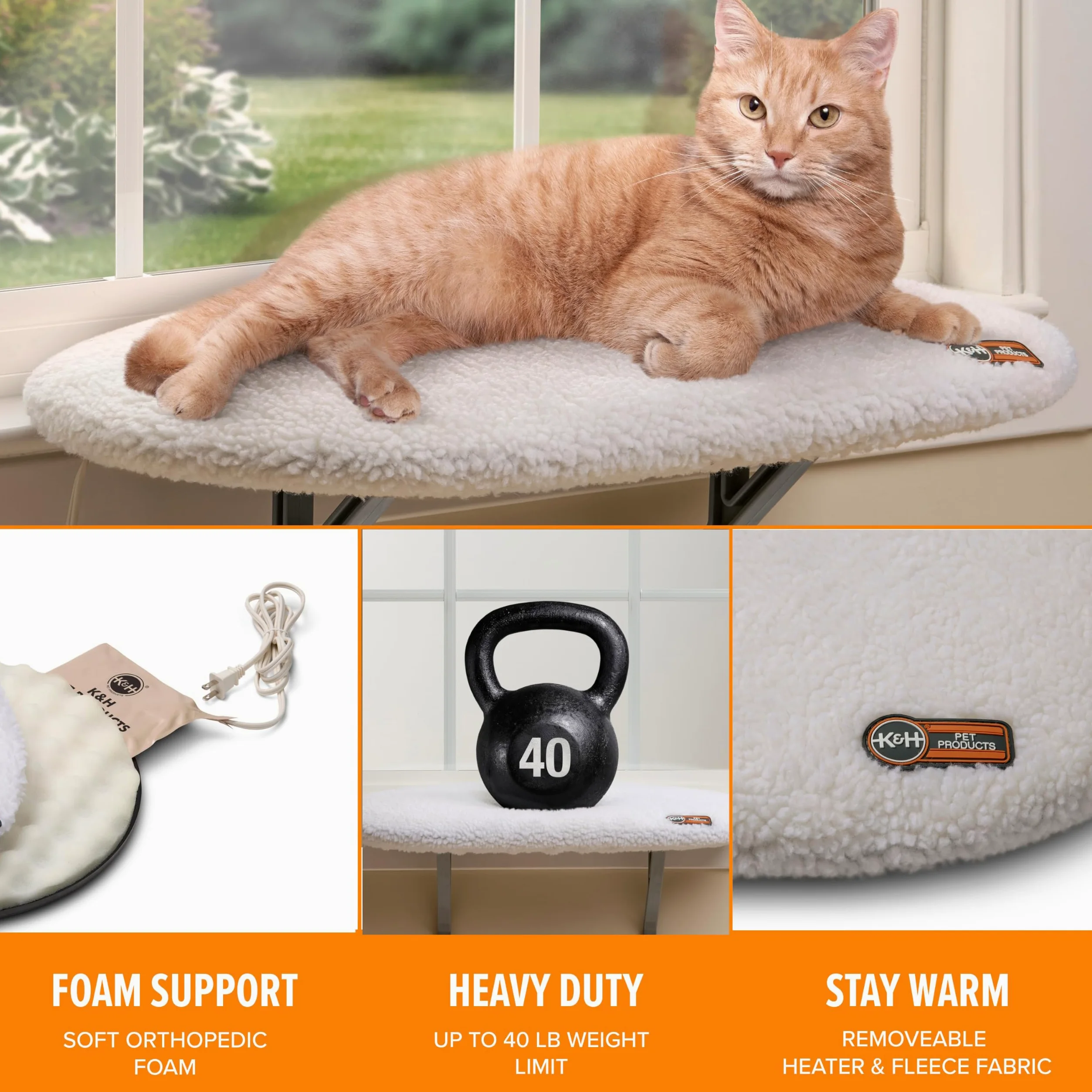 K&H Pet Products Kitty Sill Hamac pour fenêtre de chat (chauffant ou non chauffé) Polaire chauffante 35,6 x 61 cm