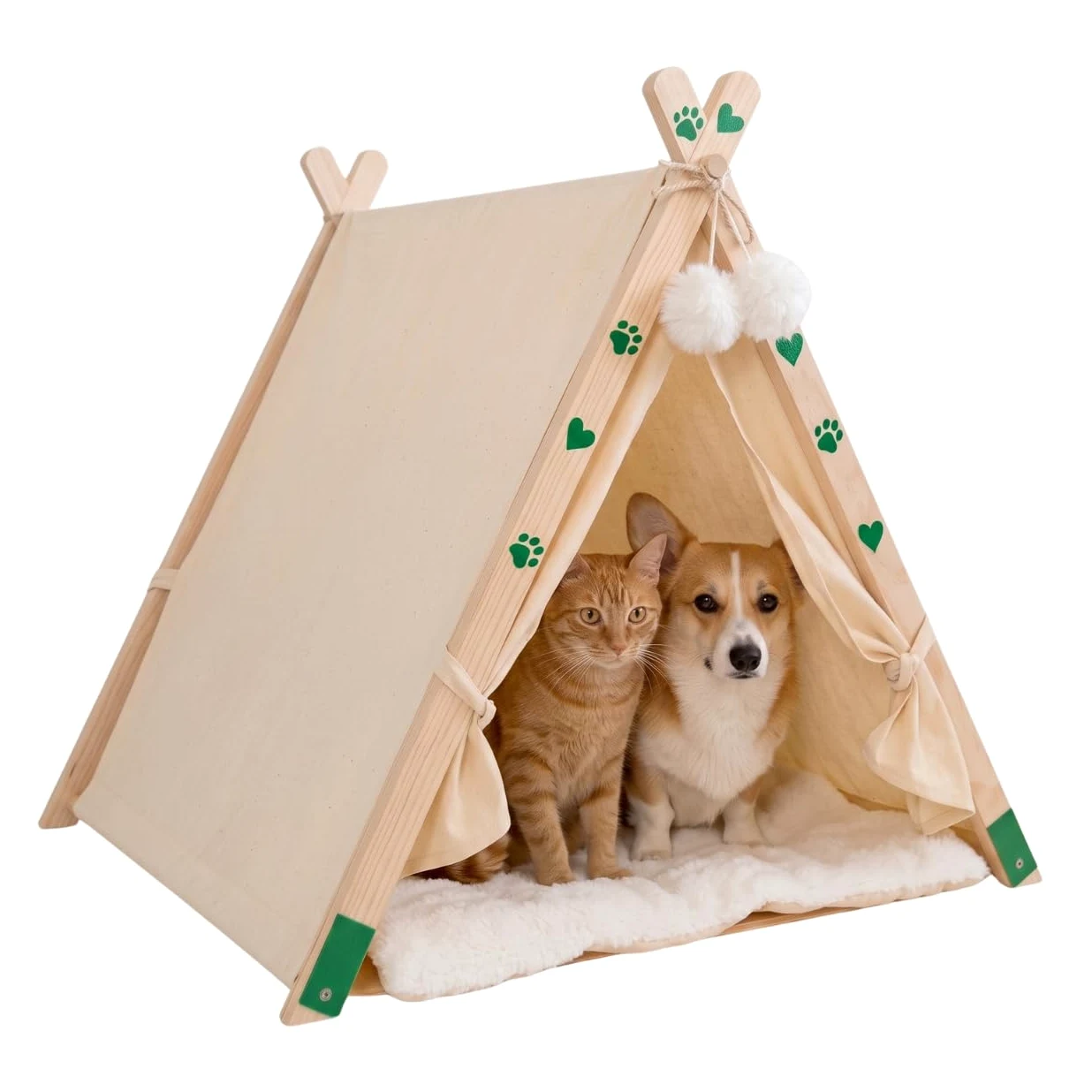 Tipi Lit pour chats et petits chiens – Grotte en bois massif, coton et lin respirant, niche igloo d'intérieur pour animaux de compagnie, chiots, berceau de voyage pliable et portable avec coussin