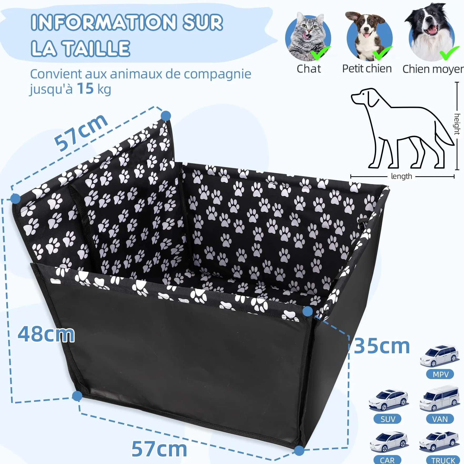 Wimypet Siège Auto Chien 3-en-1 Étanche Tissu Oxford 68x57x33 cm