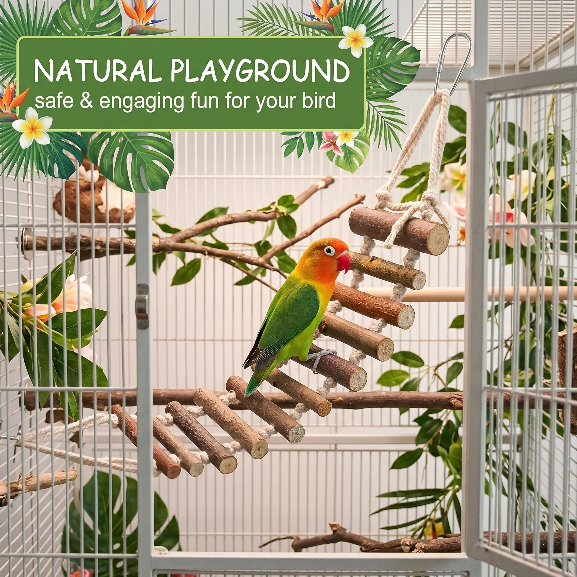 Échelle pour Perroquet en Bois Naturel 8cm Large, Pont Suspendu Oiseaux, Accessoire Cage Oiseaux Grimper Jouet