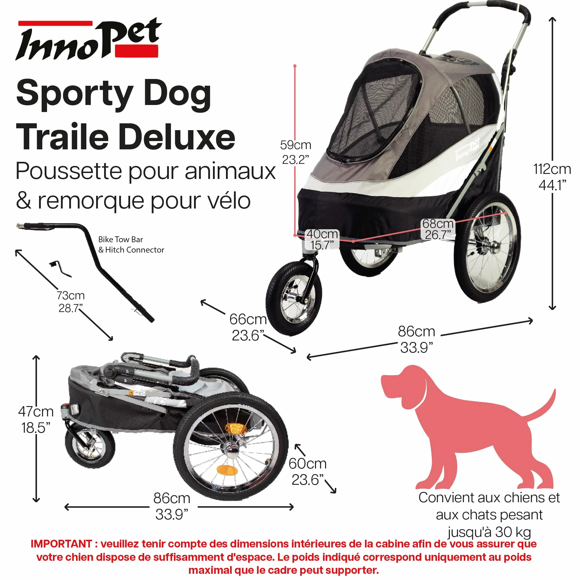 Innopet Sporty Dog Trailer Deluxe Noir/Argent - Poussette pour chien et remorque pour vélo 2 en 1, capacité 30 kg