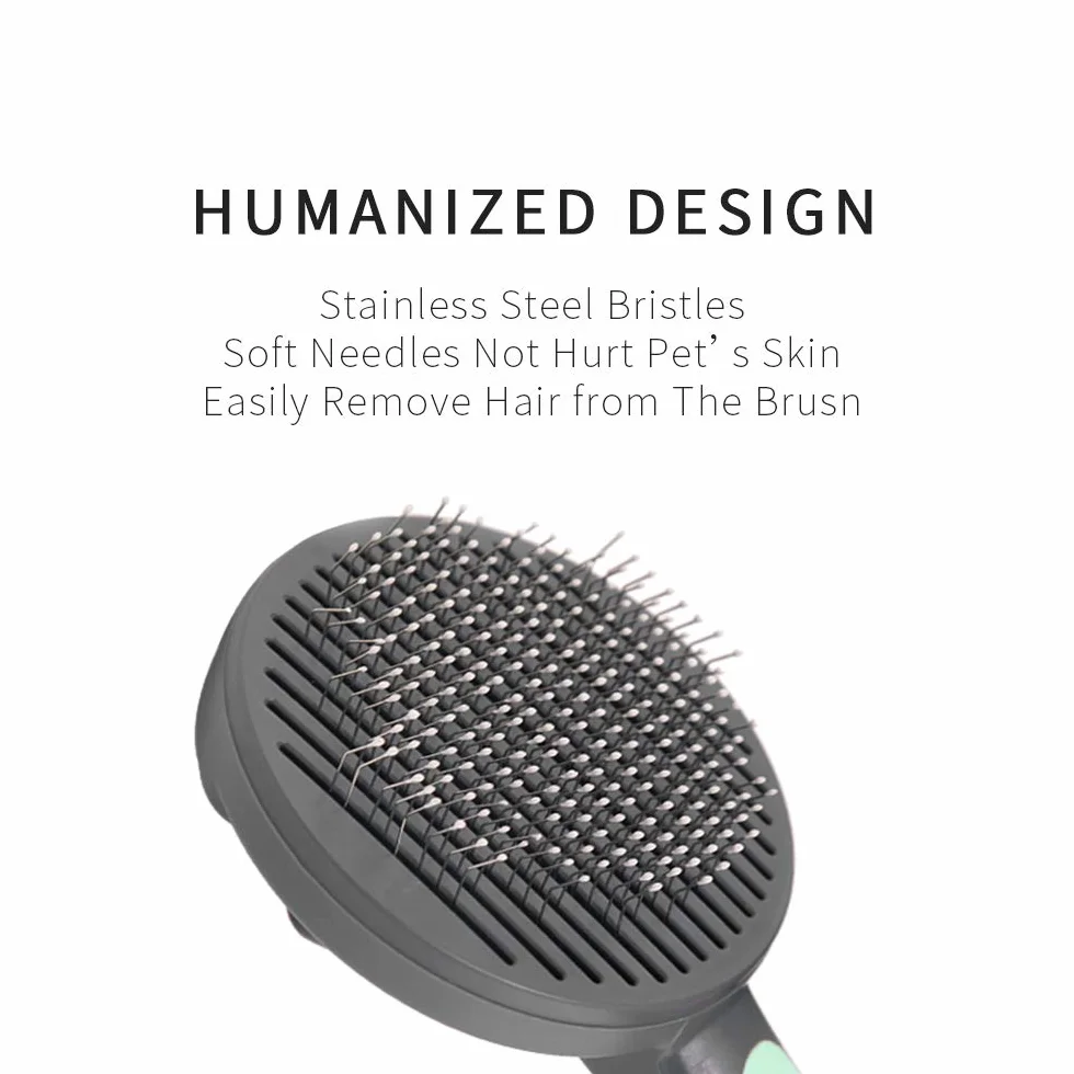 Brosse autonettoyante pour chat et chien PAKEWAY, bouton de déverrouillage, adaptée chatons animaux poils courts moyens longs vert