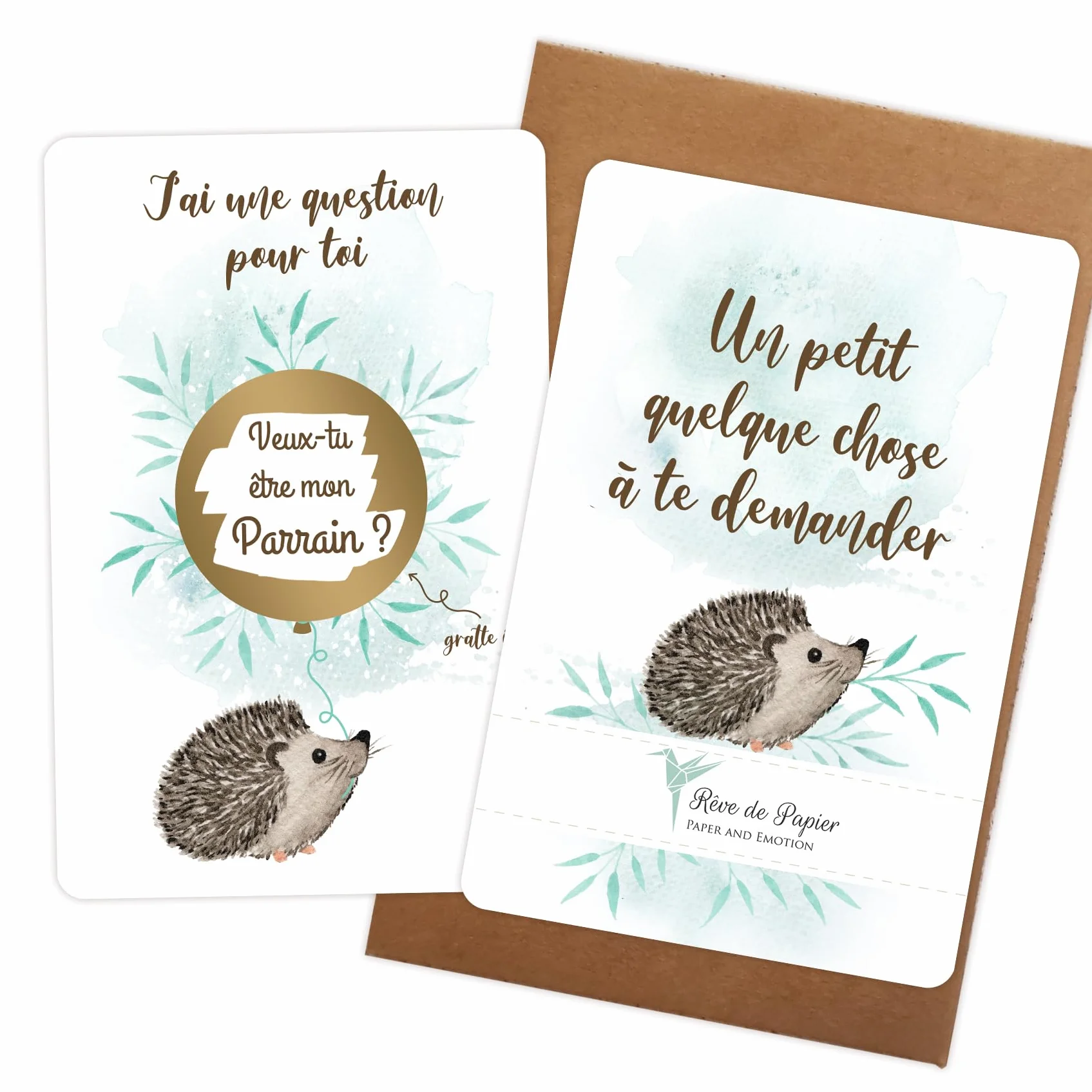Carte à gratter Parrain thème hérisson avec enveloppes