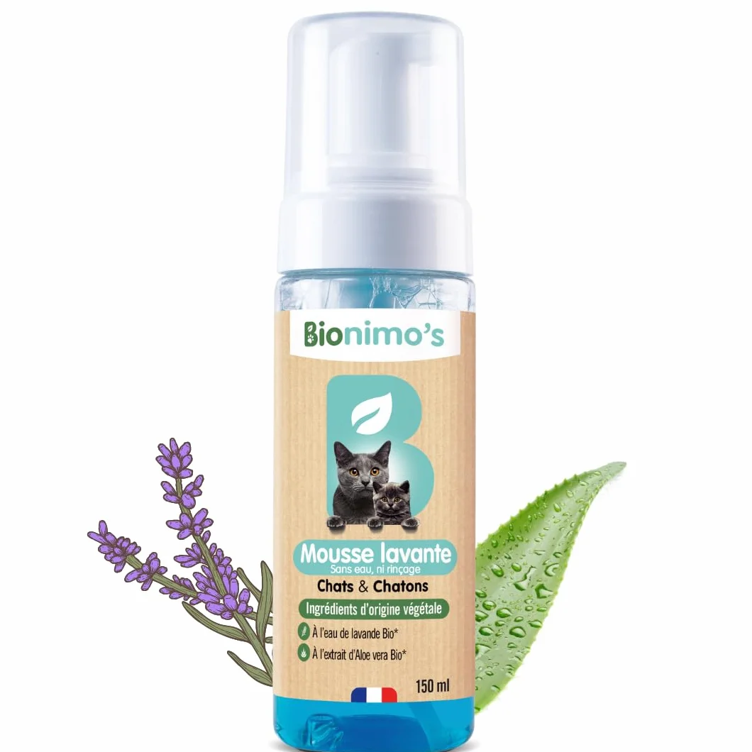 Shampoing à Sec sans rinçage Mousse lavante Naturelle Végétale Chats Chatons Peaux Sensibles Eau de Lavande Bio Aloe Vera Bio Français
