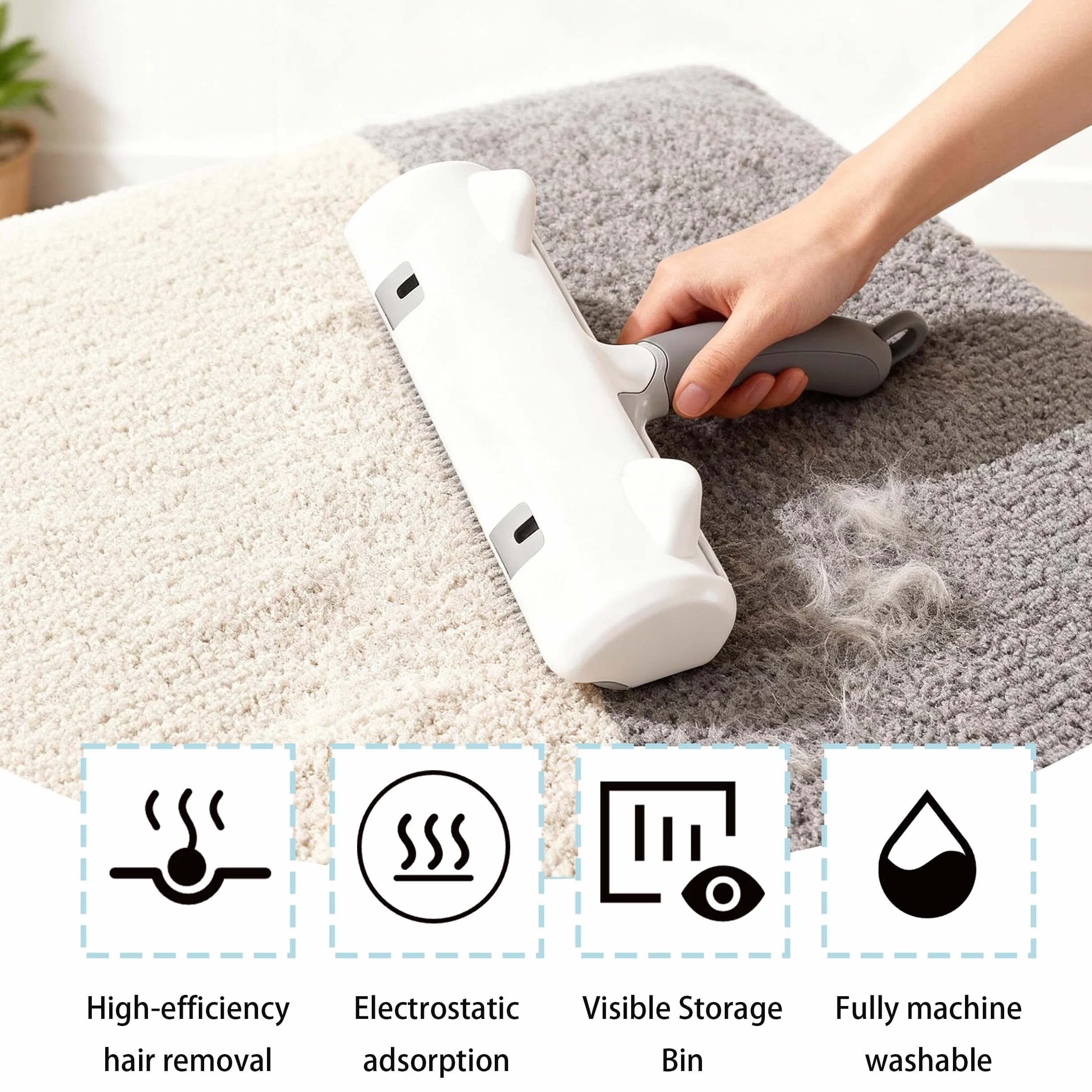 Brosse Anti Poils Animaux Chat Chien Ramasse Poils Aspirateur Réutilisable pour Lit Tapis Canapé
