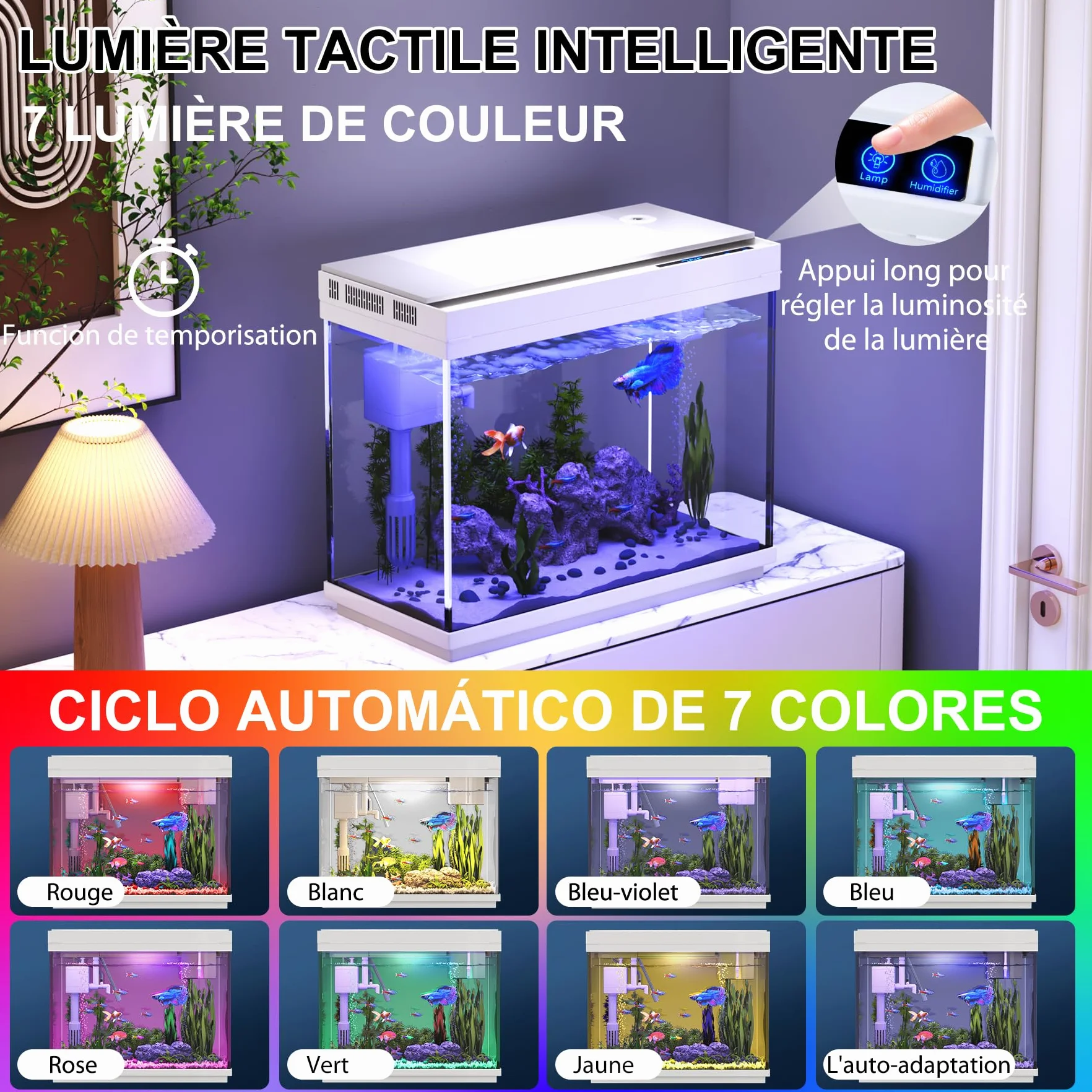 Aquarium 9L avec Humidificateur Intelligent 3 en 1, Affichage Température, Éclairage 7 Couleurs, Écran UHD