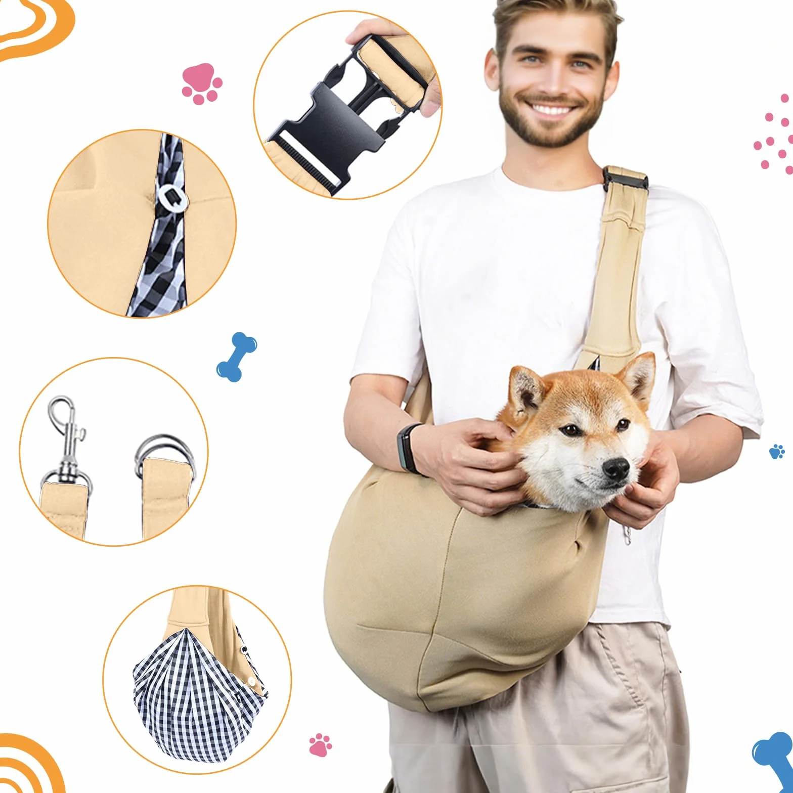 Sac Bandoulière Chiens Réversible Petit Sac Transport Chien Sécurisé Animaux Pet Sling Carrier Kaki