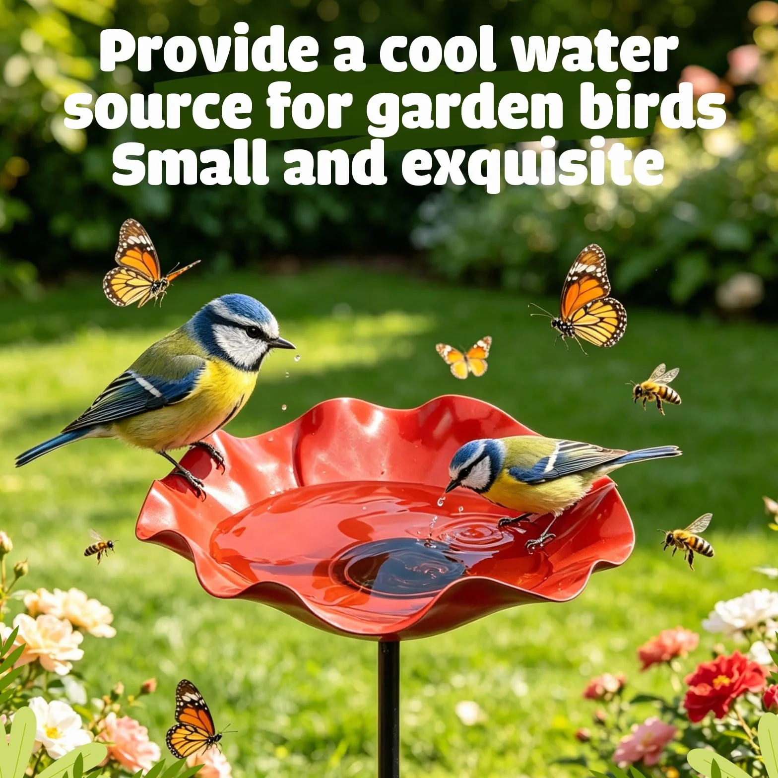 Bain d'Oiseaux sur Tige en Métal, Abreuvoir Fleur pour Oiseaux Extérieur, Fontaine avec Point d'Eau pour Abeilles, Décor Jardin Métal 65 cm
