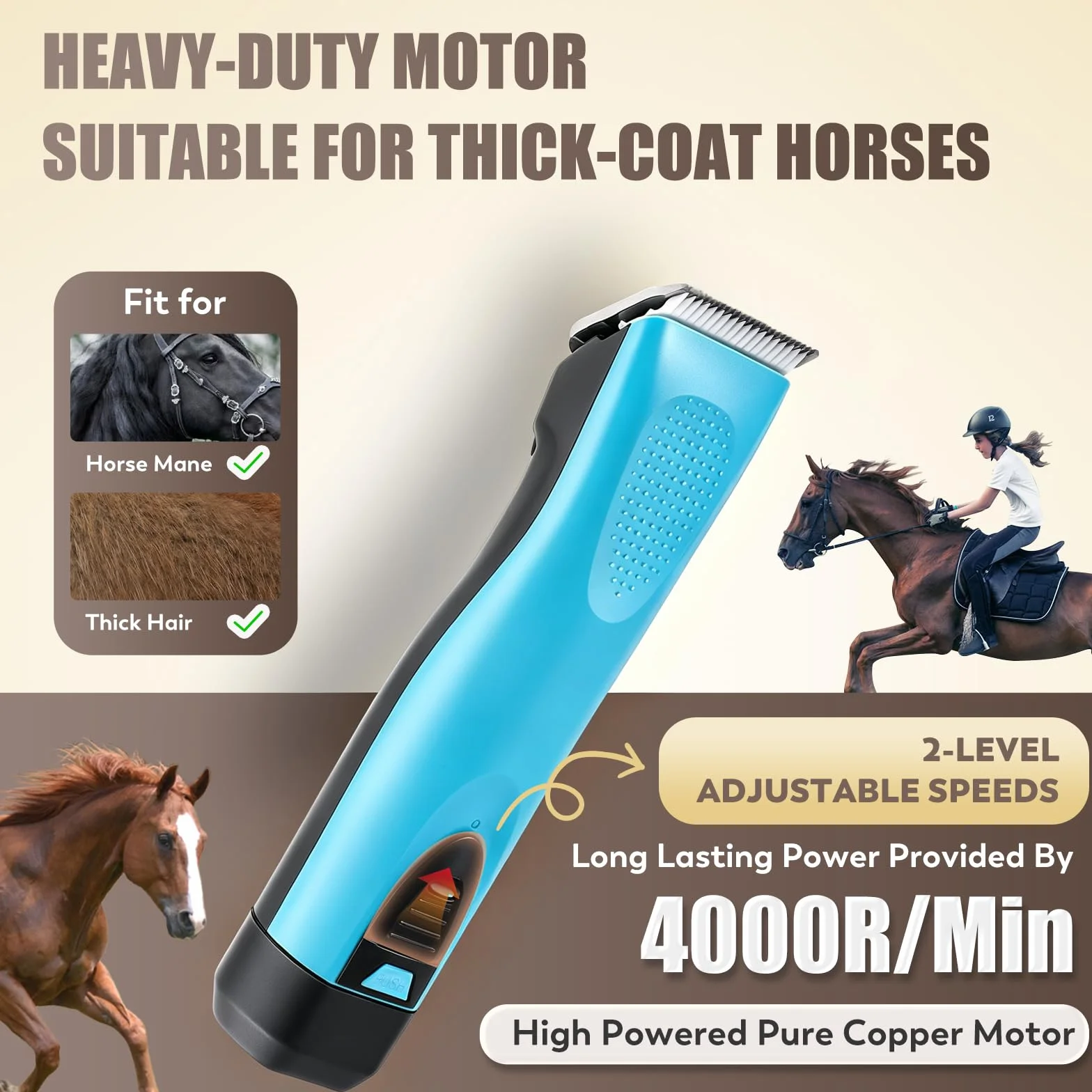 Tondeuse pour Chevaux CGOLDENWALL, Batterie Li-Ion 1400mAh & 3.5m Câble, 3200-4000rpm, Vitesse 2, pour Chien, Cheval, Chèvre