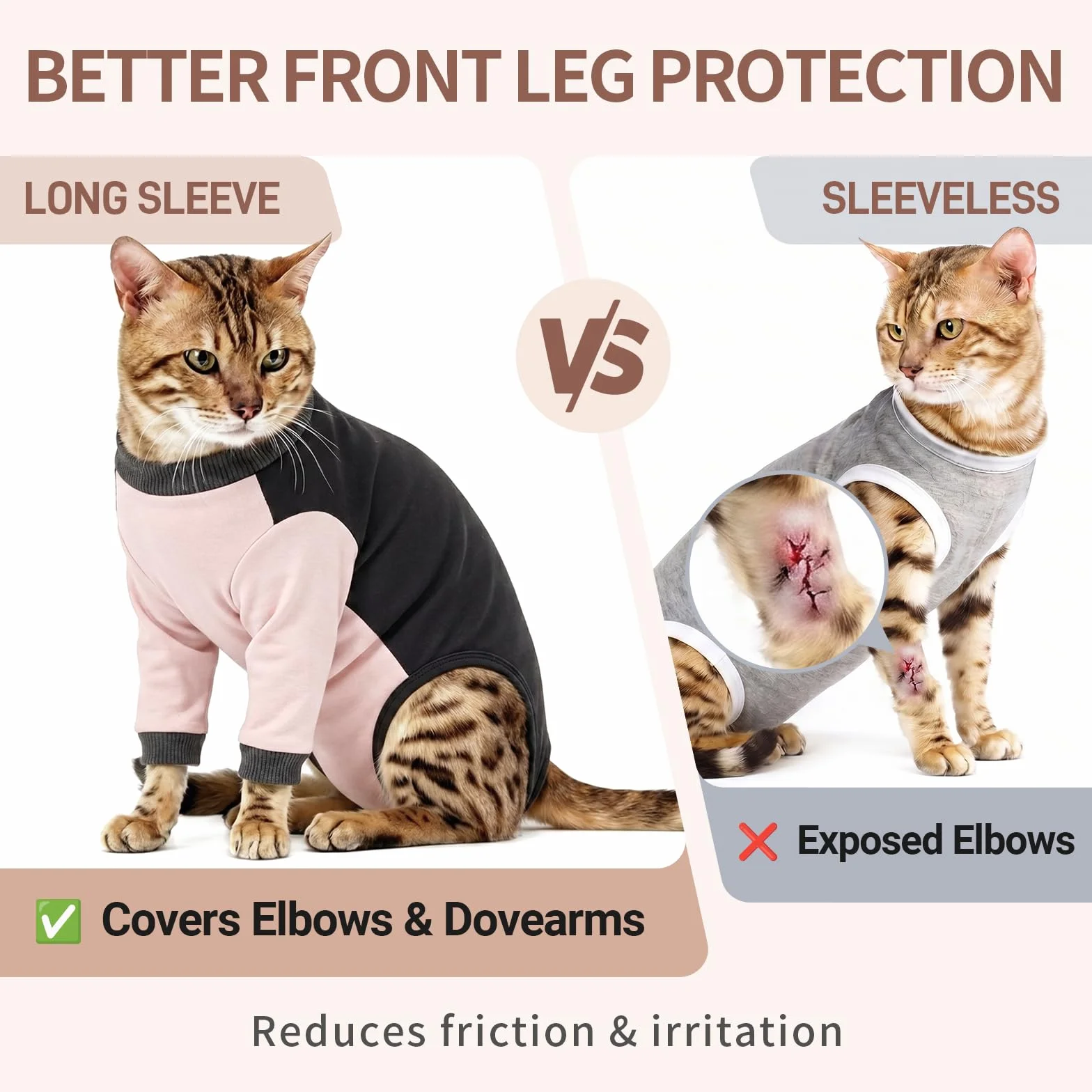 Body Chat Anti Léchage Coton Doux Élastique Vêtement Protection Plaies Abdominales Manches Longues Rose poudré XL