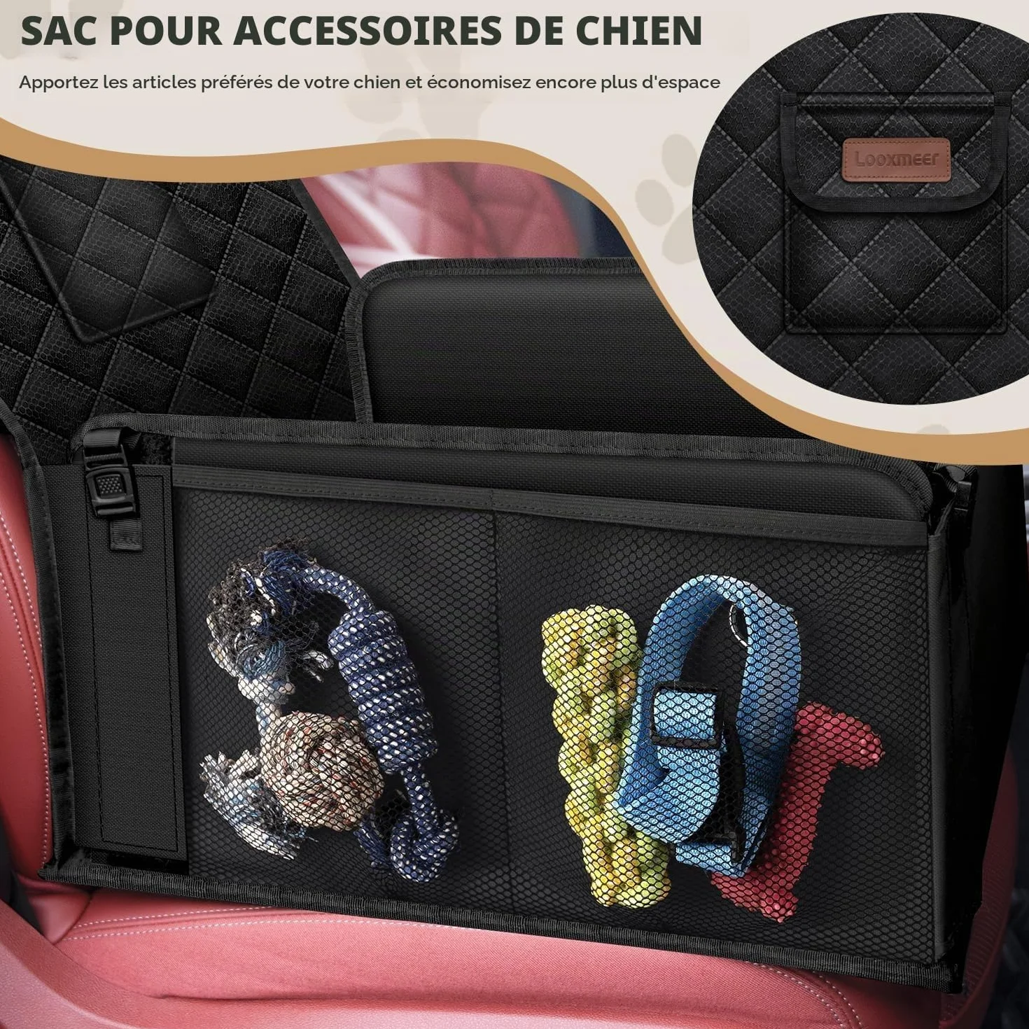 Siège Auto Chien Sécurisé Imperméable Anti-Griffes Filet Rangement Ceinture Sécurité Adjustable Noir