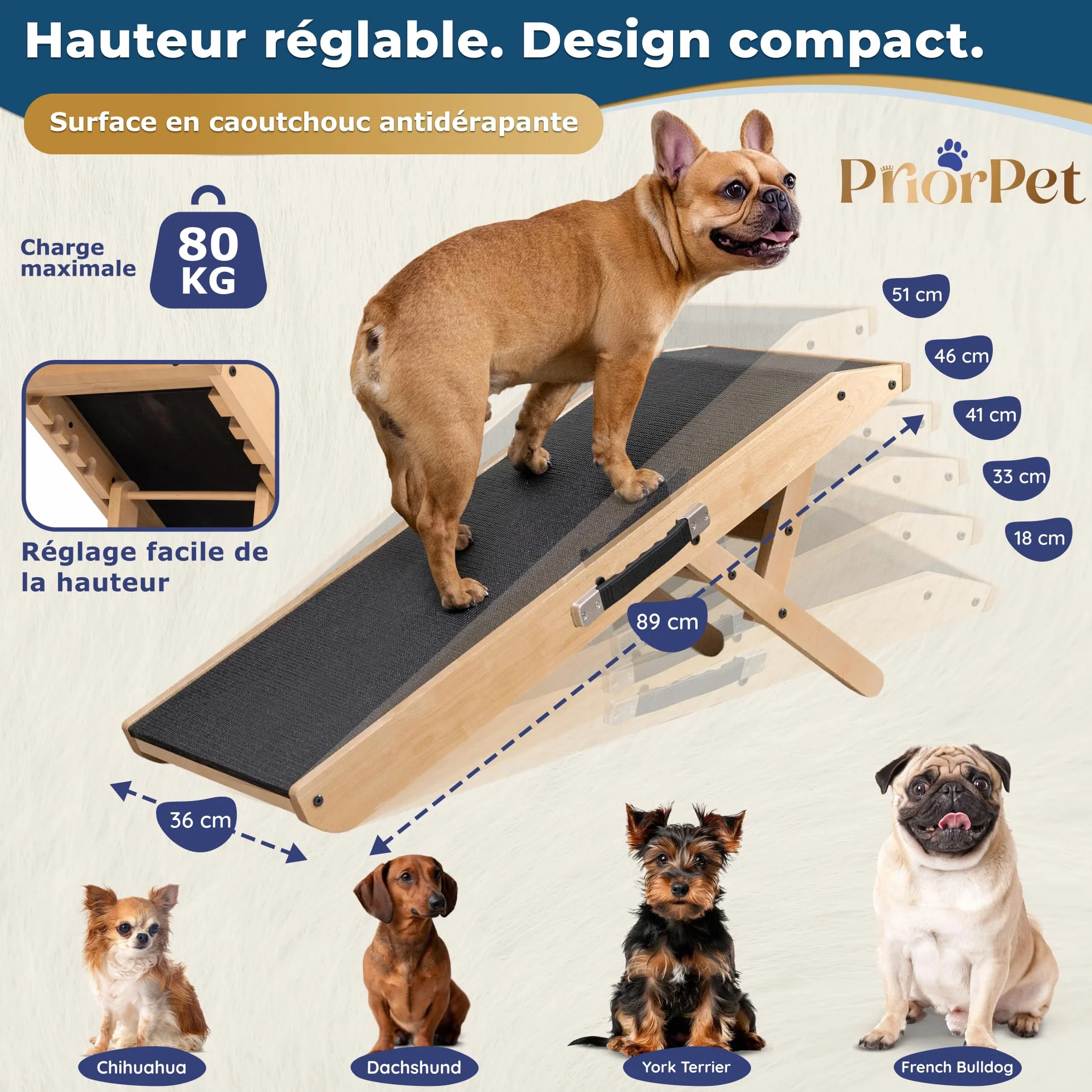 Rampe pour Chien Pliable et Réglable 18-53 cm - Surface Antidérapante - Bois de Bouleau Naturel