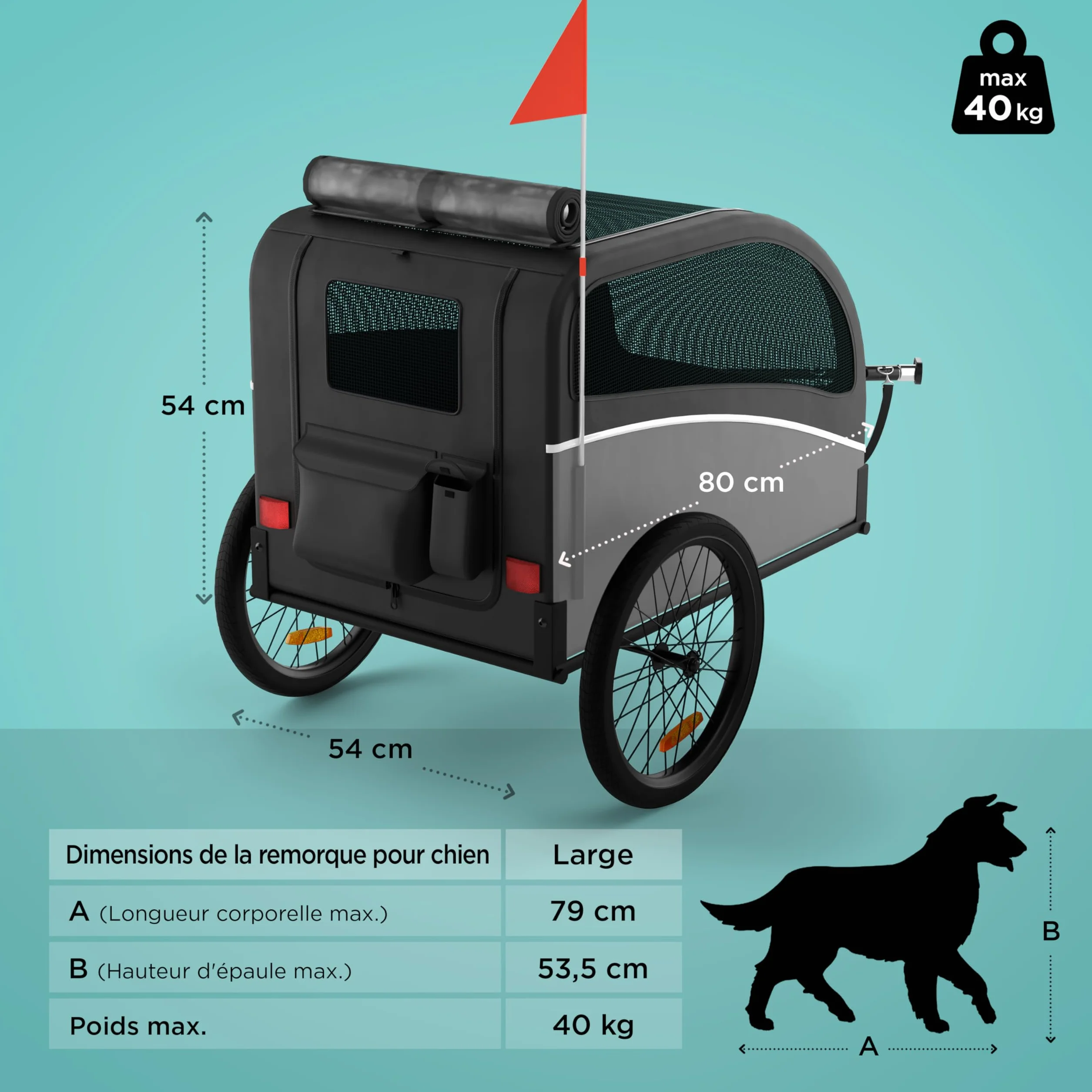 Remorque Velo Chien – Chariot Pliable avec attelage et réflecteurs – Carriole étanche Jusqu’à 40 kg – Compatible avec vélos électriques – Noir