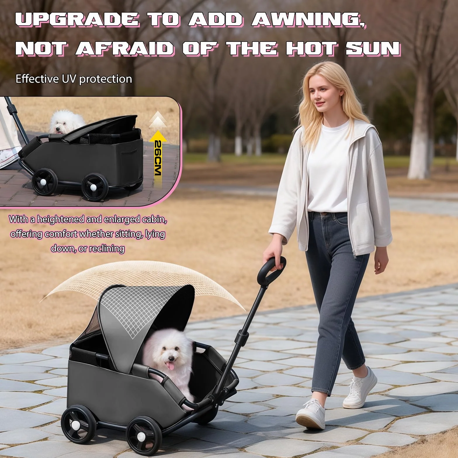 Chariot Pliable pour Chien 4 Roues avec Barre Pivotante 360° Poussette pour Chat Visière Solaire Tissu Oxford 600D Noir