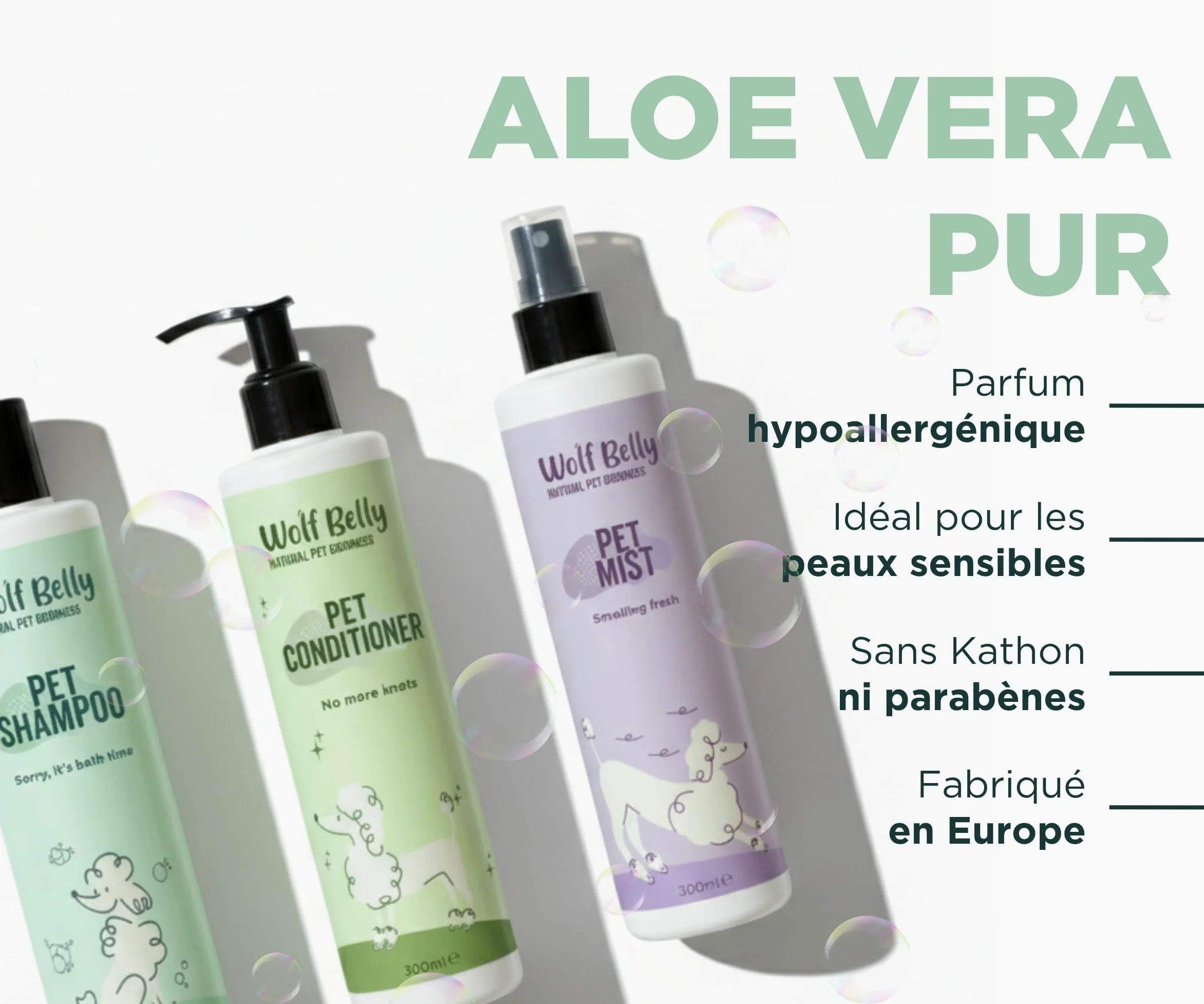 Wolf Belly - Pack Hygiène et Soin Complet pour Chiens et Chats | Shampoing + Après shampoing + Brume + Baume Coussinets | Aloe Vera 99%, Végan et Hypoallergénique - Fabriqué en UE