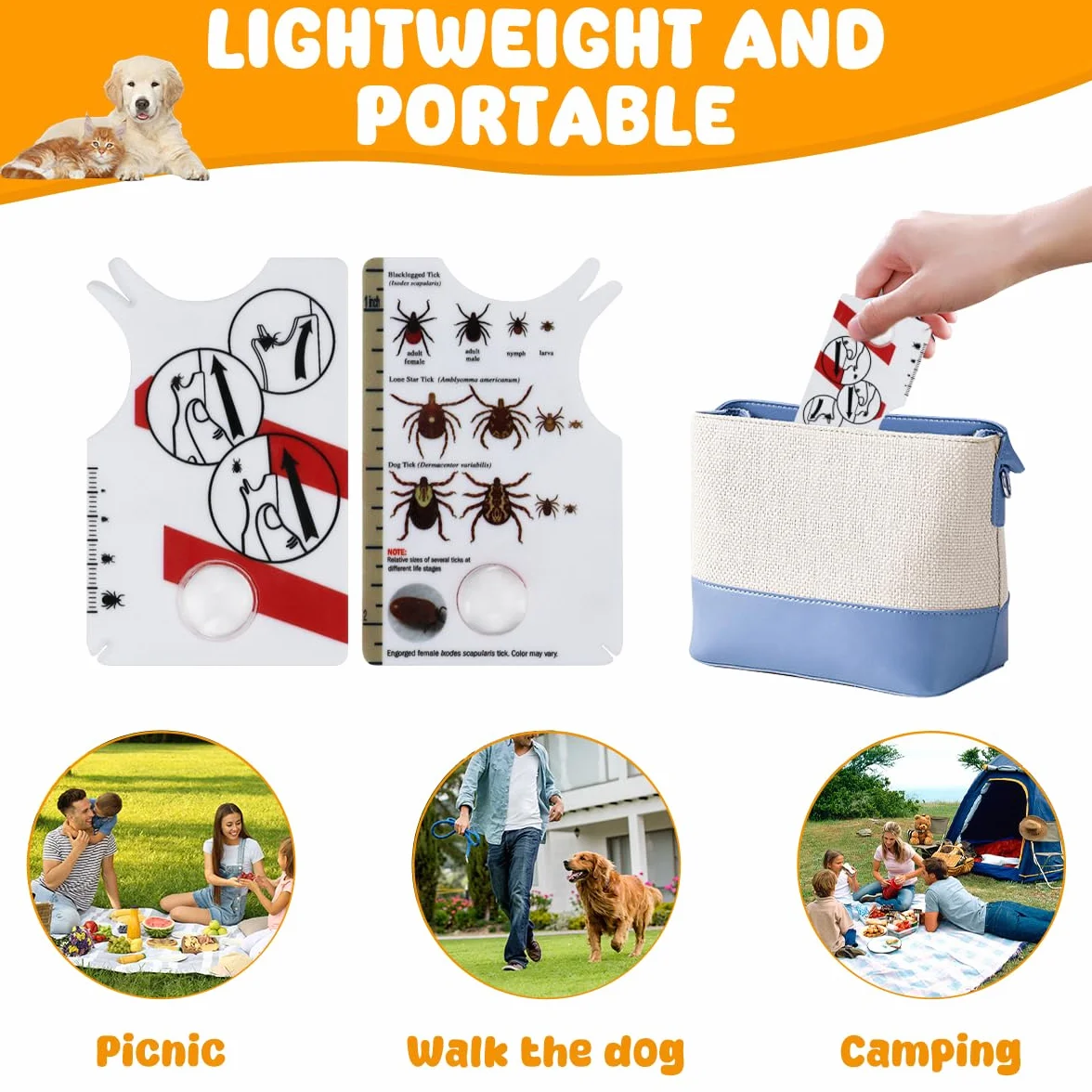 Portable Tire-Tique avec Loupe, Carte de Retrait de Tiques pour Animaux et Humains, 2 Pièces