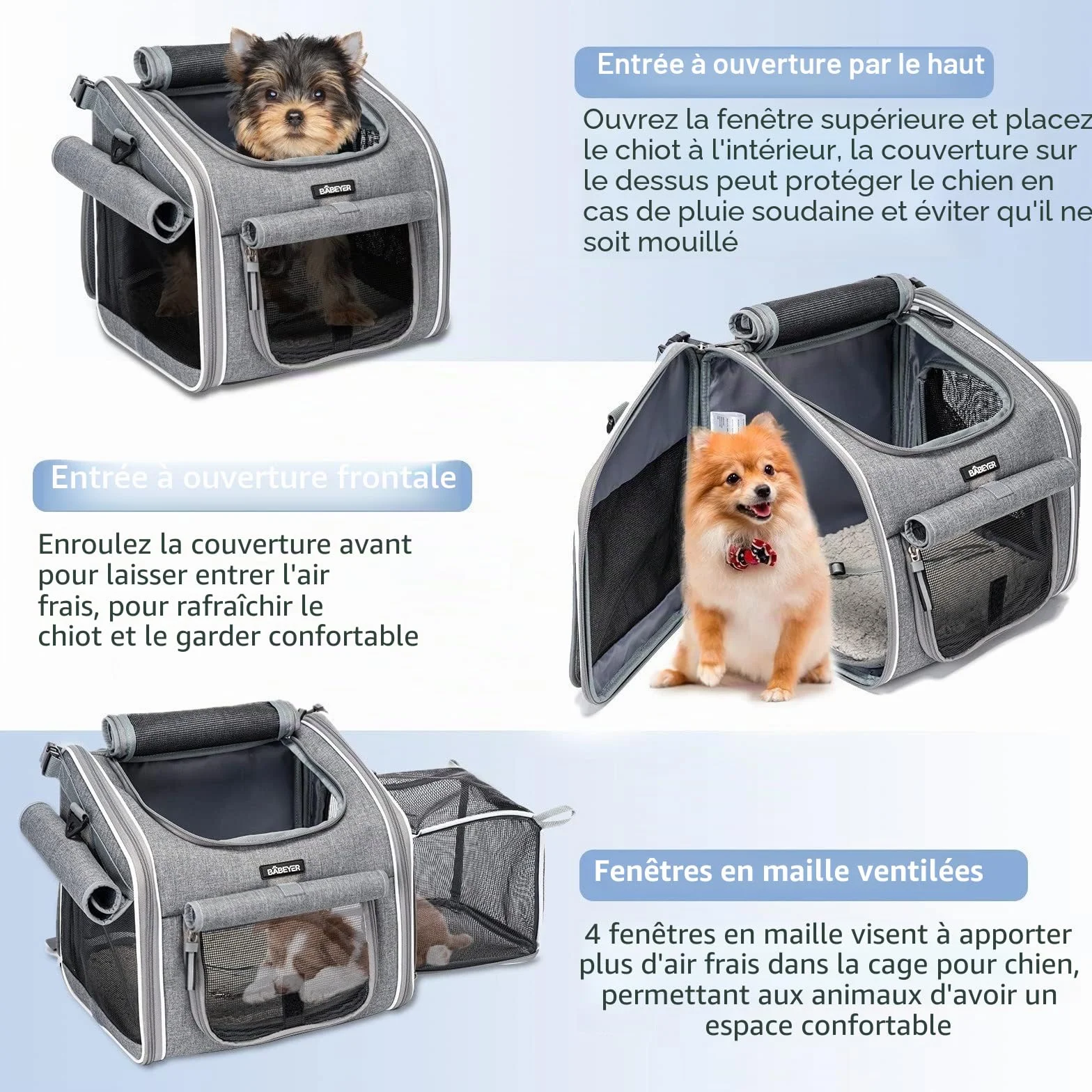 Panier de vélo pour chien sac à dos transport souple extensible 4 portes 4 fenêtres en maille gris