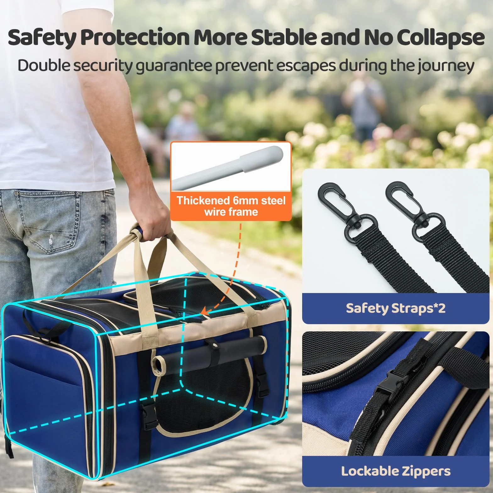 Odoland Pliable Sac de Transport pour Chats 2 Chats Extensible avec Bandoulière et Bac à Litière Bleu
