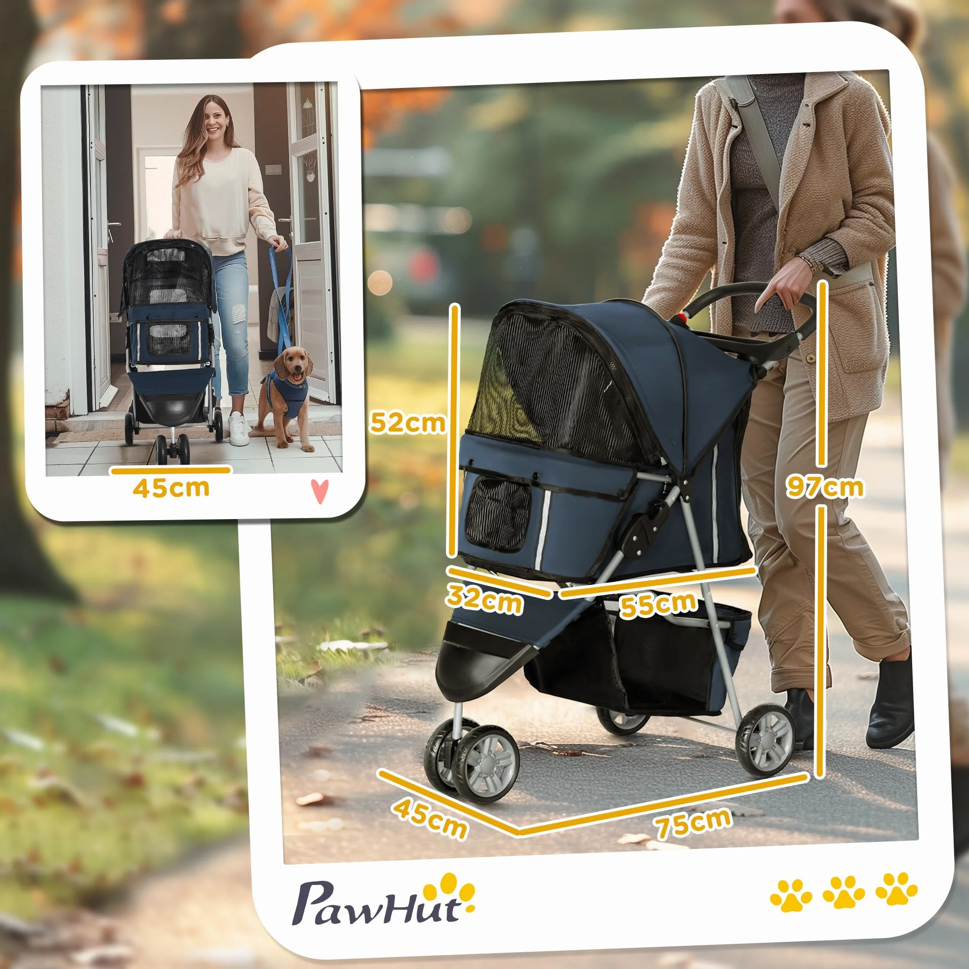 PawHut Poussette Buggy Pliable Animaux Chien Chat, Chariot Pliant avec Porte-Gobelet Panier Roues Frein, Tissu 600D Oxford, 75x45x97 cm Bleu Foncé