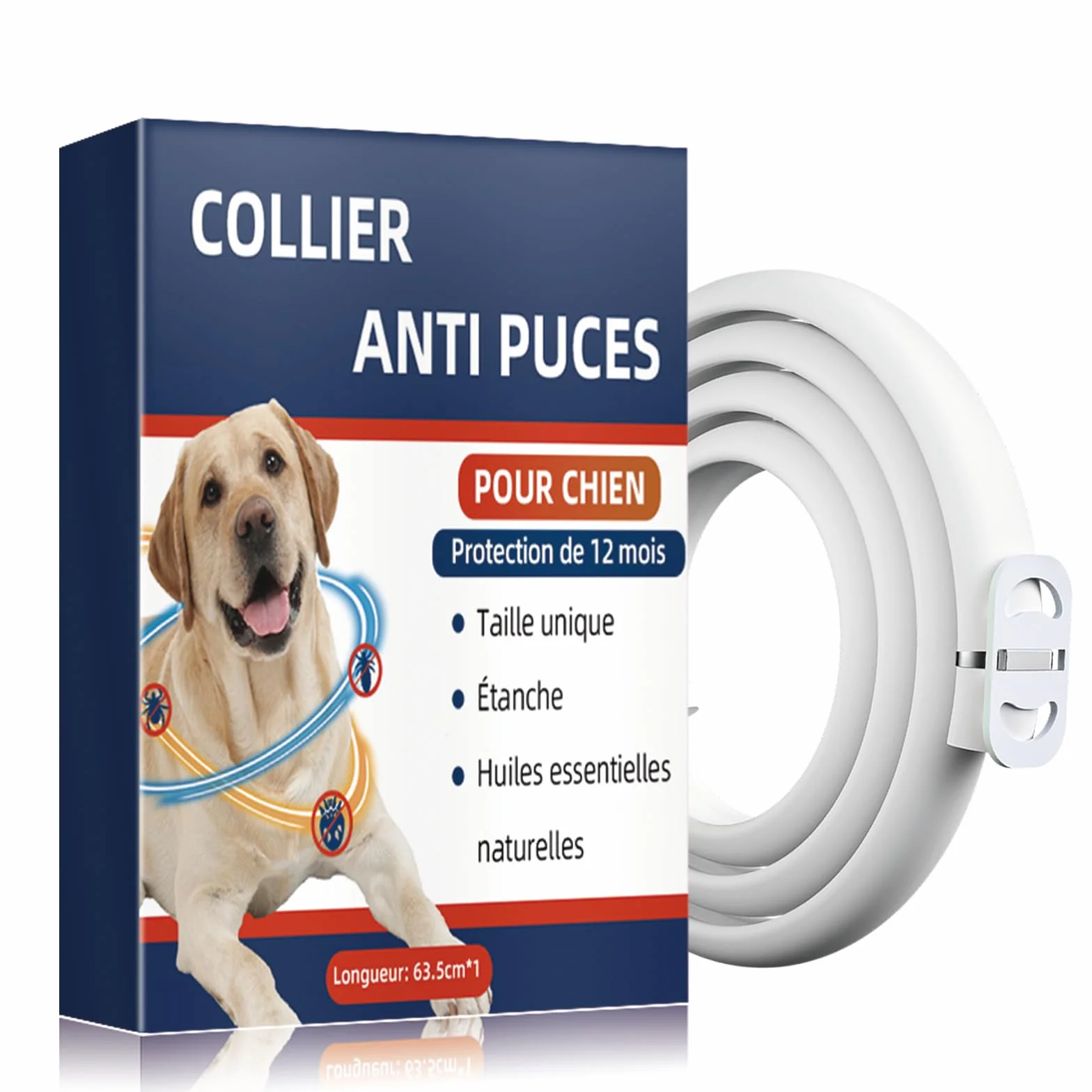 Collar Anti Puces pour Chien Réglable 63.5cm, Élimine Puces Tiques Poux, Résistant à l'Eau, Huiles Essentielles 100% Naturelles