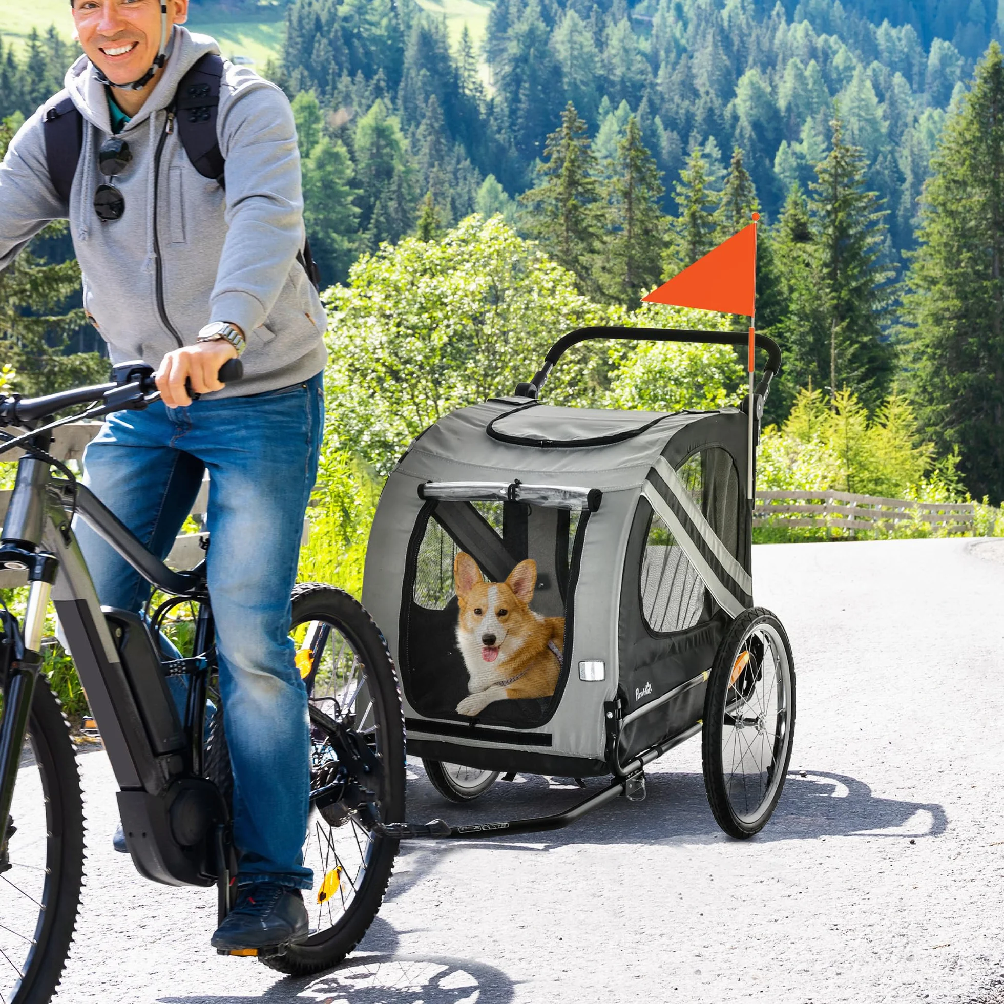 PawHut Remorque à vélo pour Chien Convertible Jogger 2 en 1 avec Drapeau réflecteurs