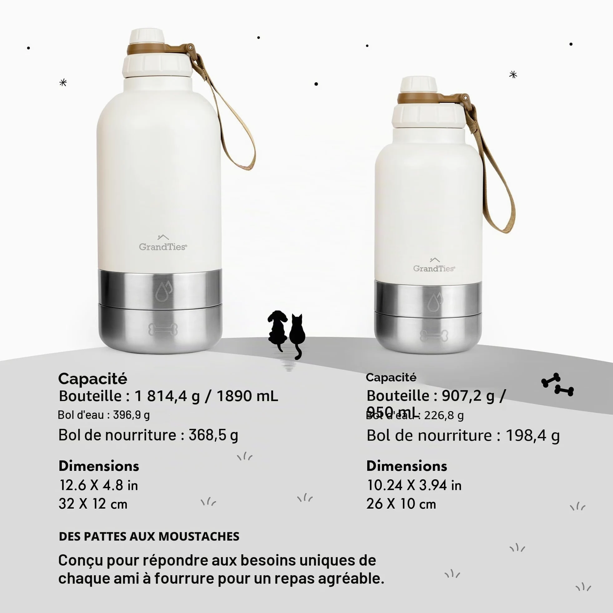 GrandTies Bouteille d'eau Portable Isotherme avec 2 distributeurs Amovibles pour Chien | Conteneur de Voyage Alimentaire étanche | Marche, randonnée, Camping (1,9 l, Blanc Ivoire)