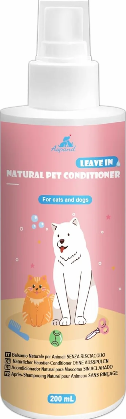 Spray Démêlant pour Chien et Chat, 200ml sans Rinçage, Action Démêlante, Hydratante, Antioxydante Régénérante et Antioxydante, Adapté aux Animaux Domestiques à la Peau Sèche, Irritée, Sensible
