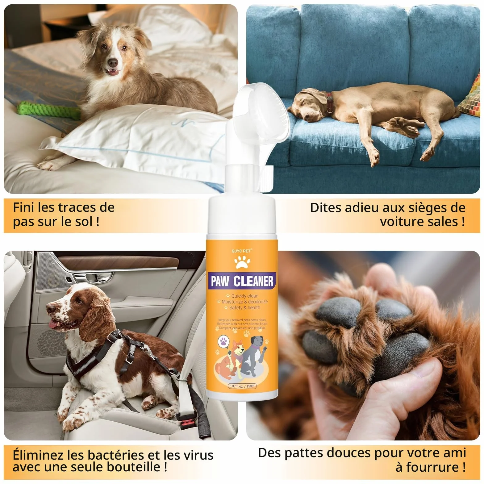 Nettoyeur de Pattes de Chien, shampooing sans Eau avec Brosse en Silicone Souple, Mousse hydratante pour Un Lavage Efficace des Pattes, Nettoyeur de Pattes Facile et Portable pour Chiens, 150 ML