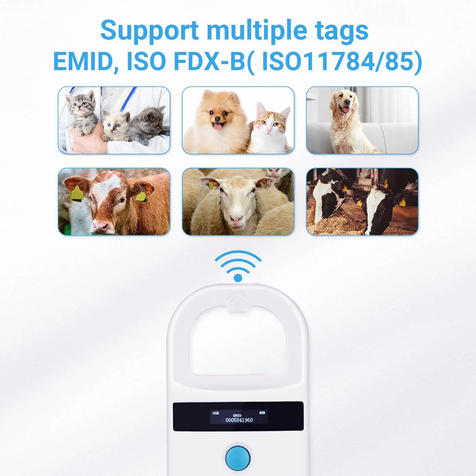 Tera Porte Adresse pour Animaux Lecteur de Puce pour Animaux Scanner RFID Portable Animal puce ID Scanner avec écran OLED Rechargeable avec Boucle D