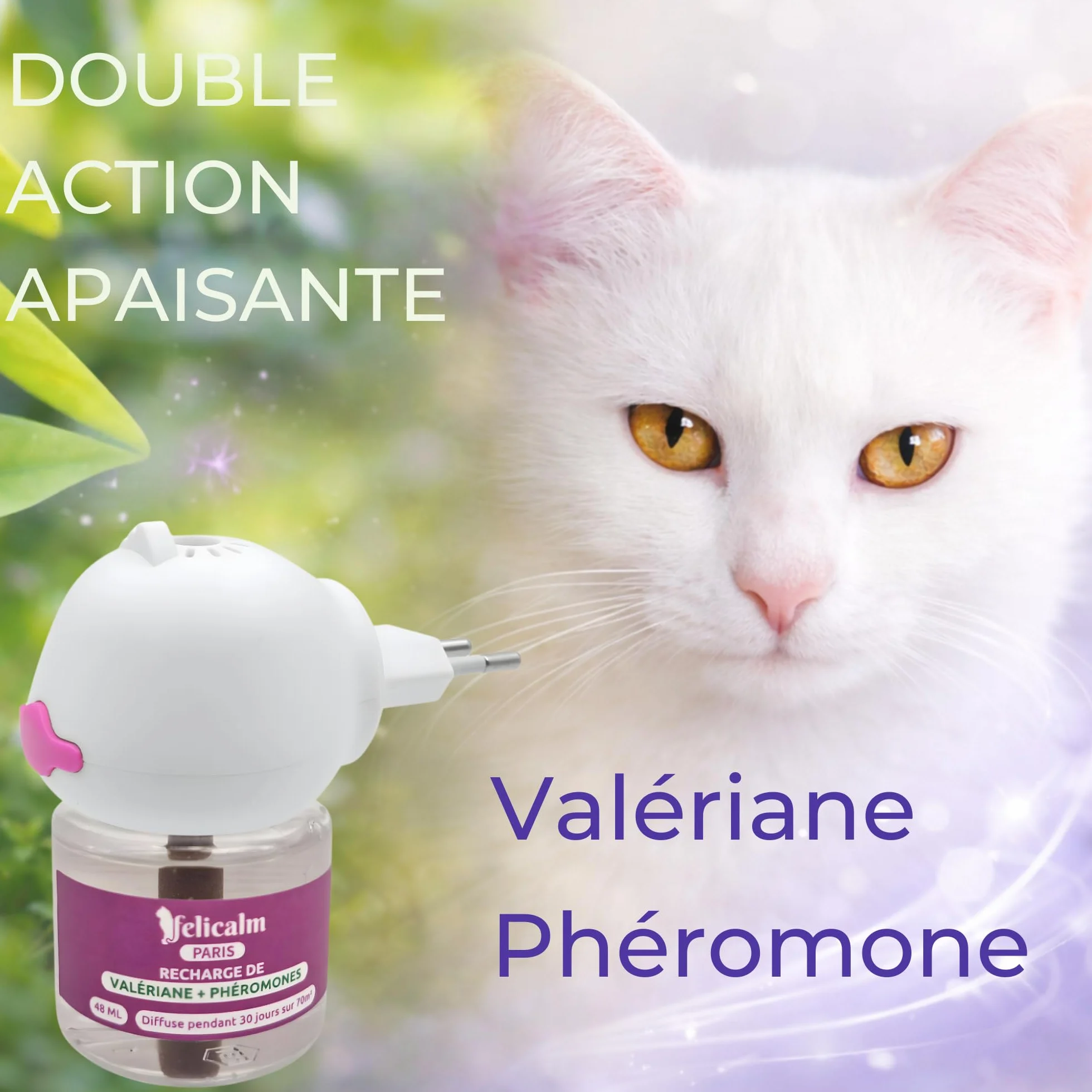 Diffuseur Chat Valériane Phéromones sans Odeur Double Action Apaisante 2 Recharges 60 J
