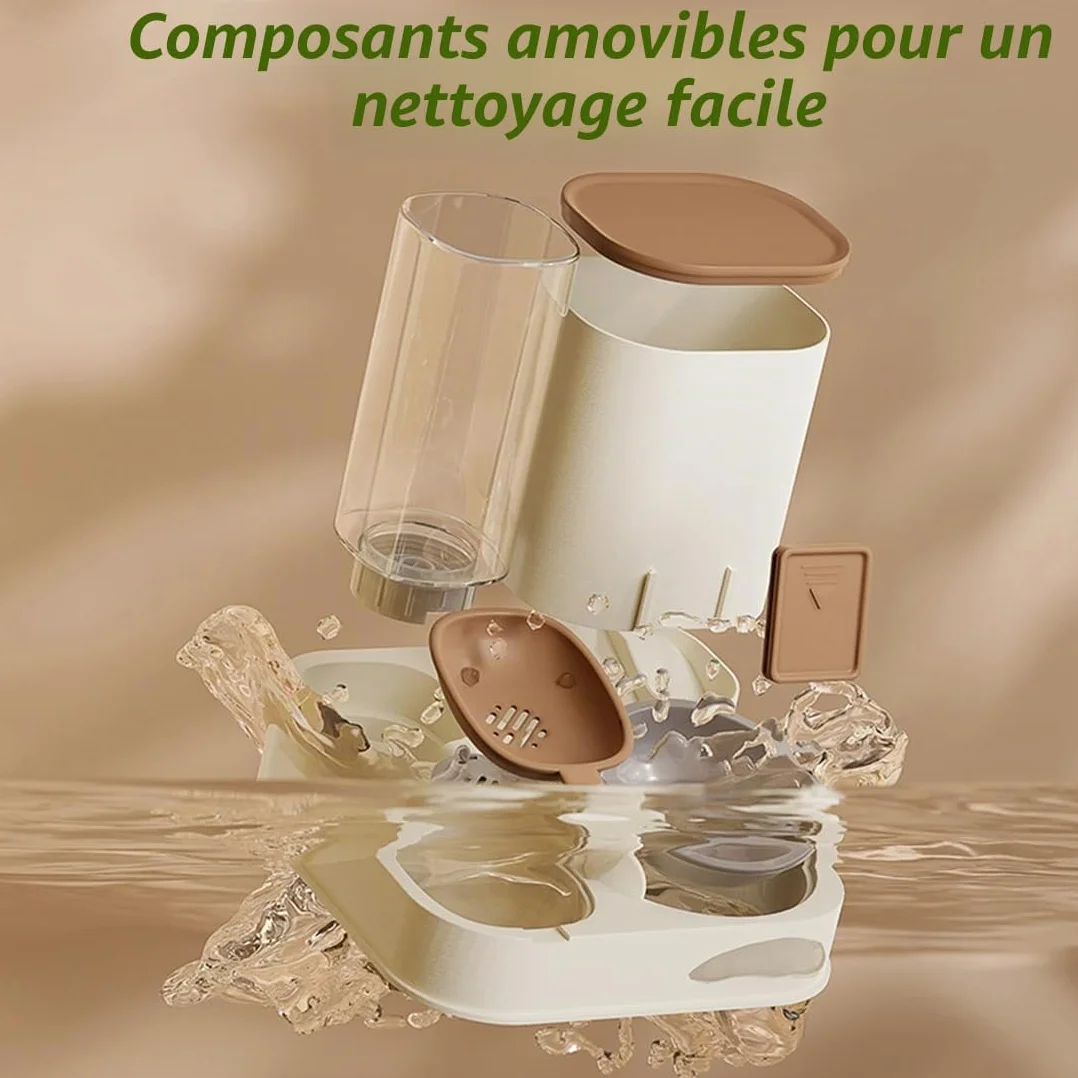 Distributeur de Nourriture Automatique 2 en 1 pour Chiens Chats, avec Bac Eau et Rabat Réglable