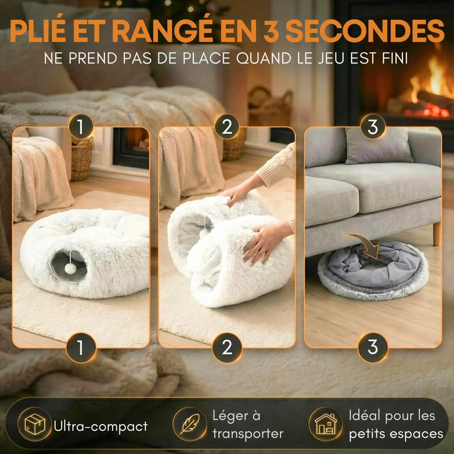 One PETS-TOP Tunnel Chat Rond XXL en Peluche Douce – Lit Tunnel Cachette Confort – Cabane Intérieure pour Chat – Cat Tunnel (Gris Perle)