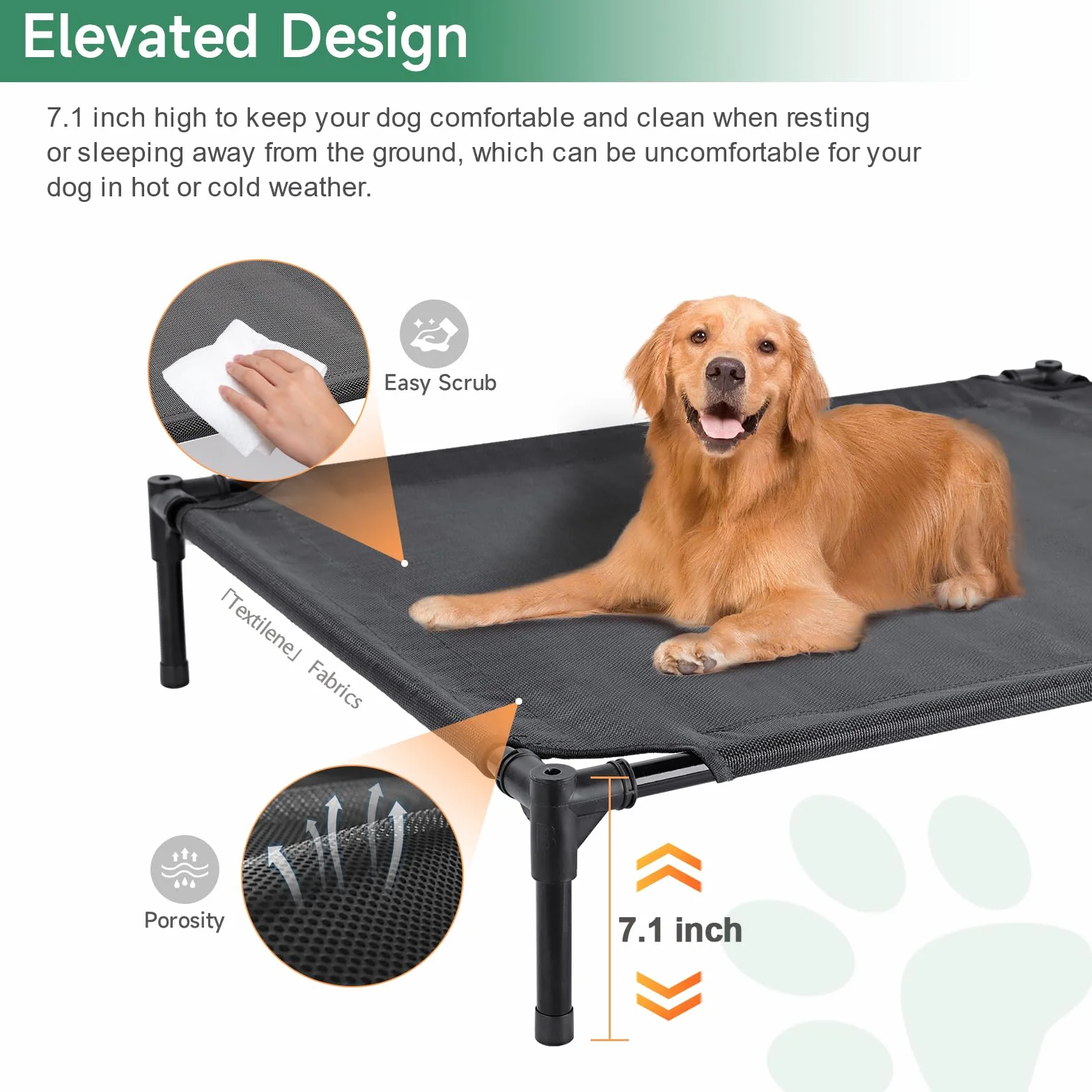 Lit Chien Surélevé avec Parasol, Lit de Camp Chien Chat sur Pieds Tissu Oxford Respirant, Anti-UV Cadre en Métal, Couchage Extérieur pour Chat, 92 x 76 x 94 cm, Gris