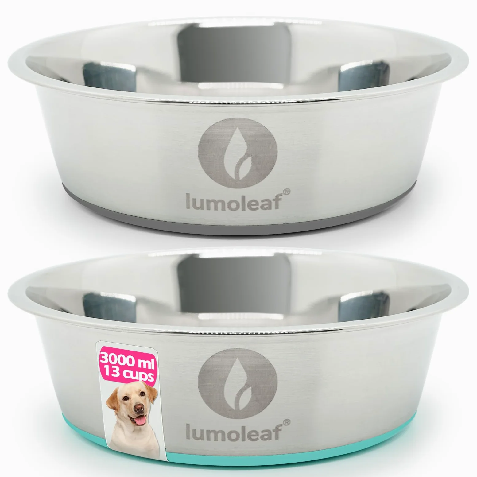 LumoLeaf Gamelle pour chien en acier inoxydable - Grand diamètre : 26 cm - 2 gamelles de 3000 ml avec fond en silicone antidérapant - Gamelle en métal pour chiens de grande taille et moyenne - Passe